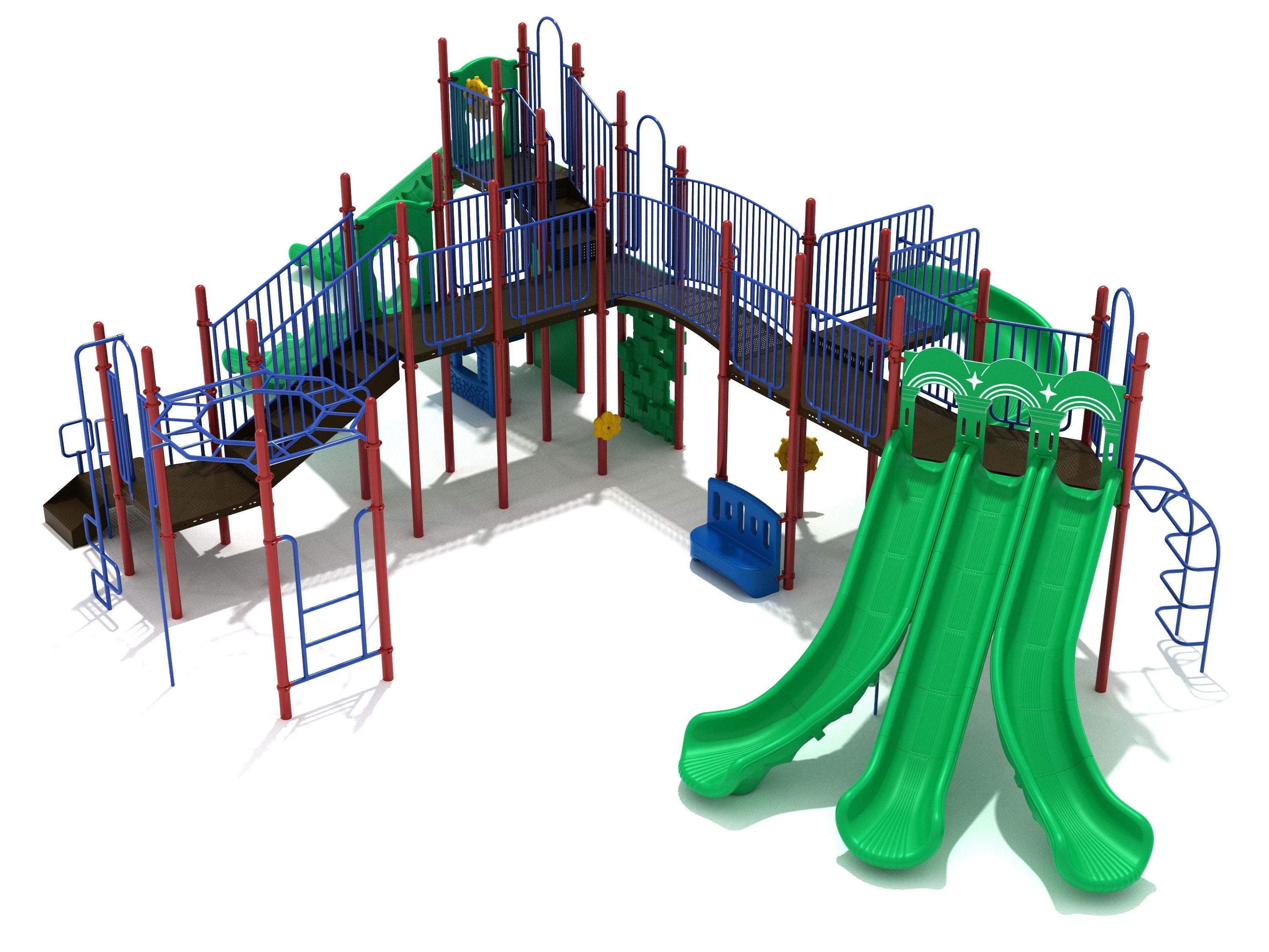 Large playground structure with multiple green slides, climbing ladders, and blue safety railings