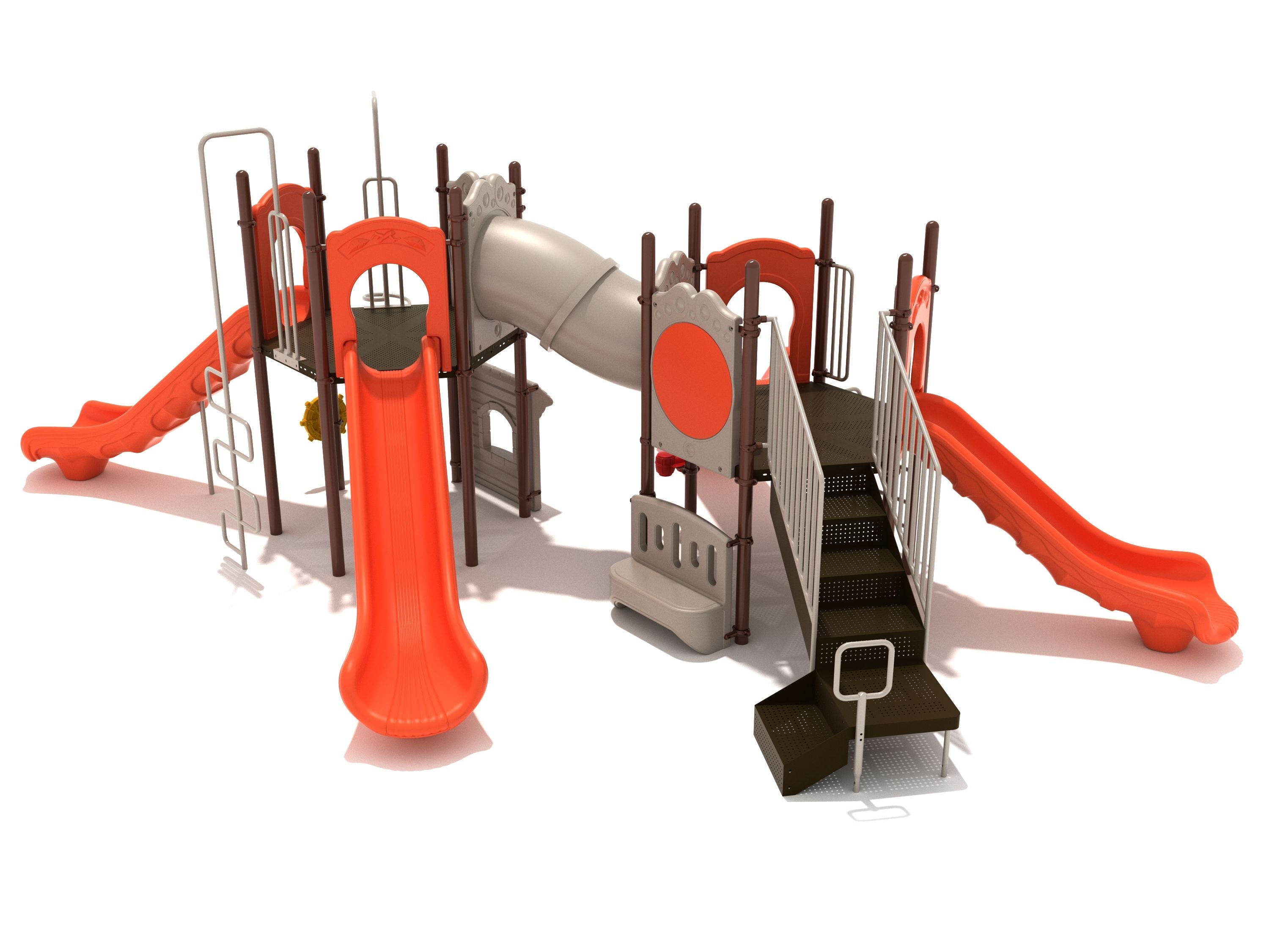 Sunnyvale Playground with four orange slides, stairs, tube bridge, climbing features, drum and gear panels for inclusive play
