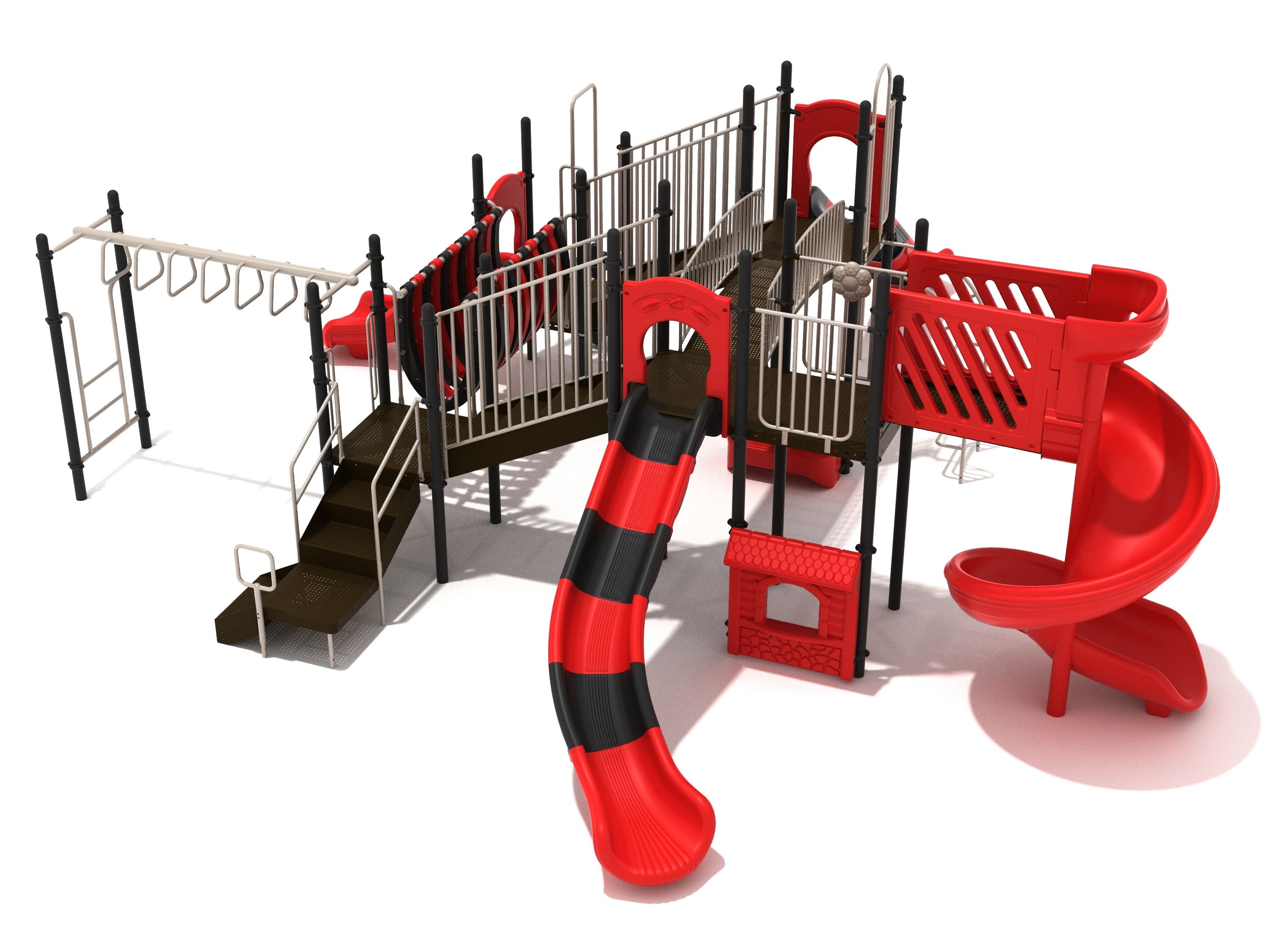 Fairfax Station Playground with square layout, red and black slides, climbing structures, bridges, and monkey bars