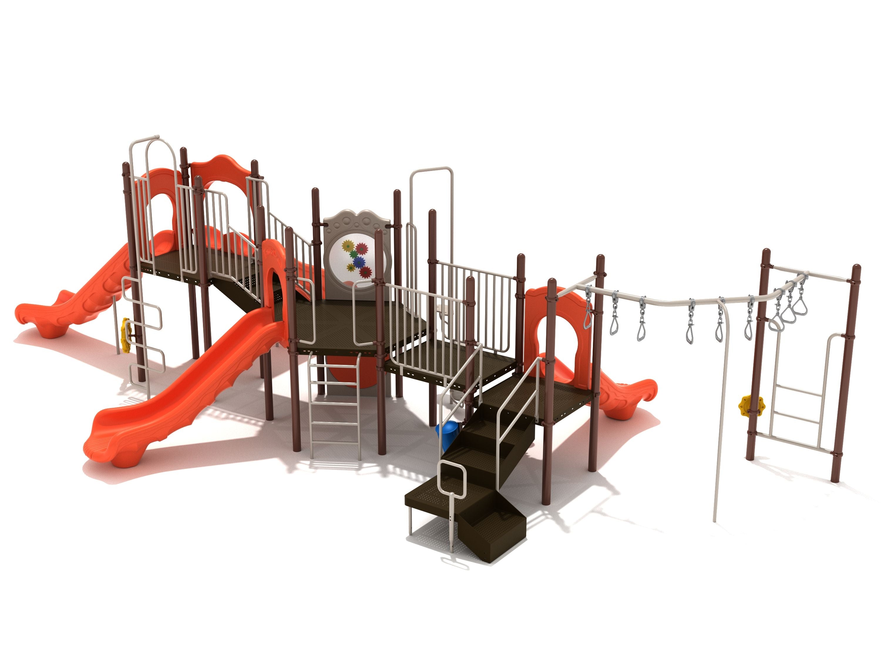 Playground structure with multiple orange slides, climbing ladders, gear panel, hanging rings, and interactive play elements