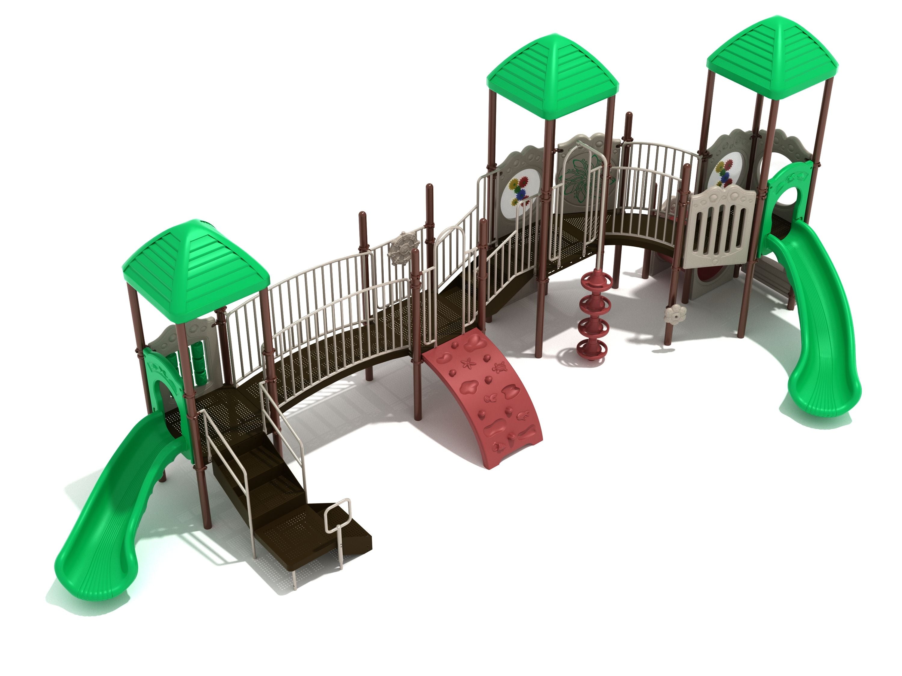 Merrimack Playground large play system with green slides, bridges, climbing wall, activity panels, and crawl tube