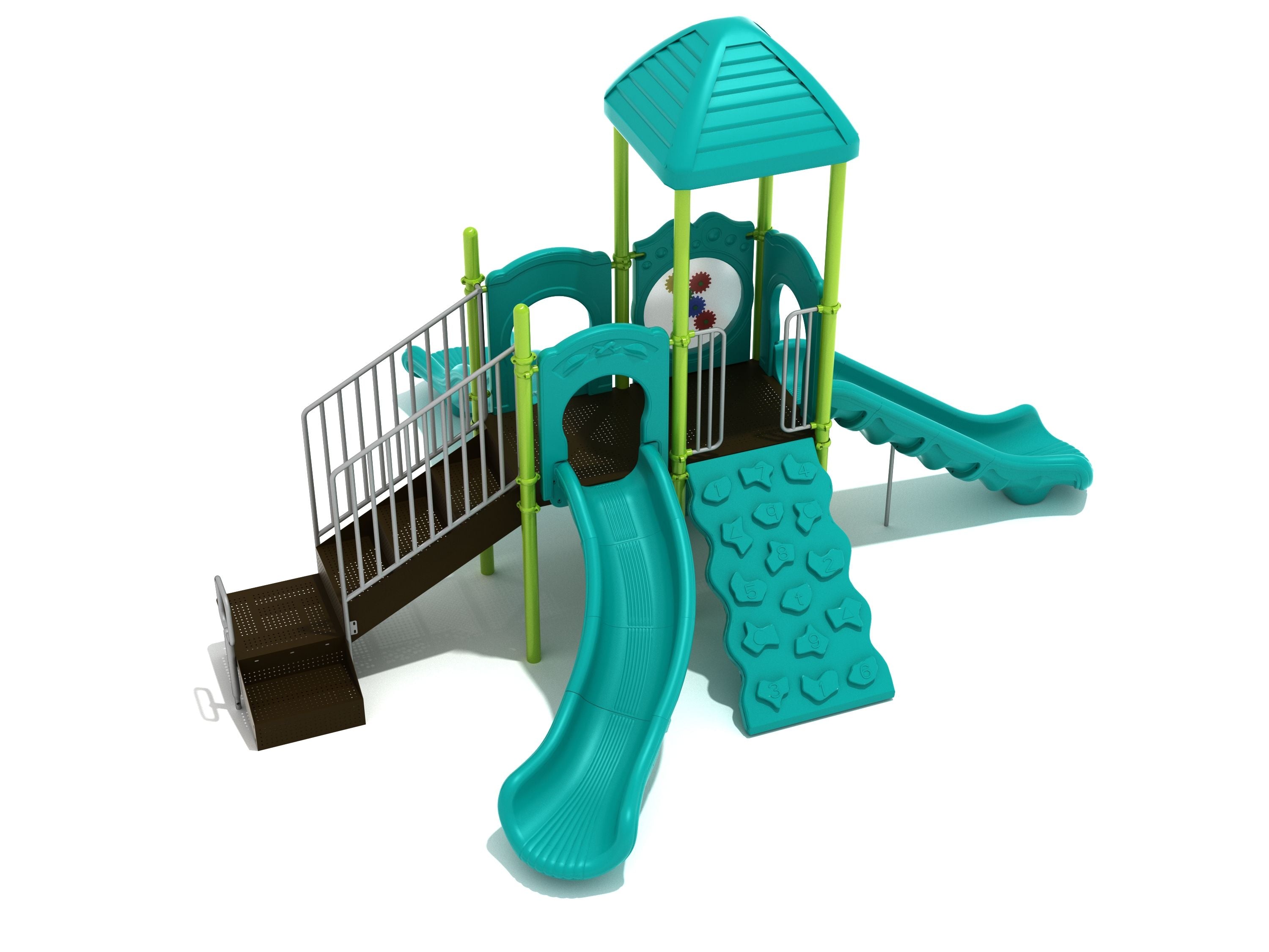 Compact playground structure with three slides, climbing wall featuring numeric figures, shaded platform, and interactive gear panel.