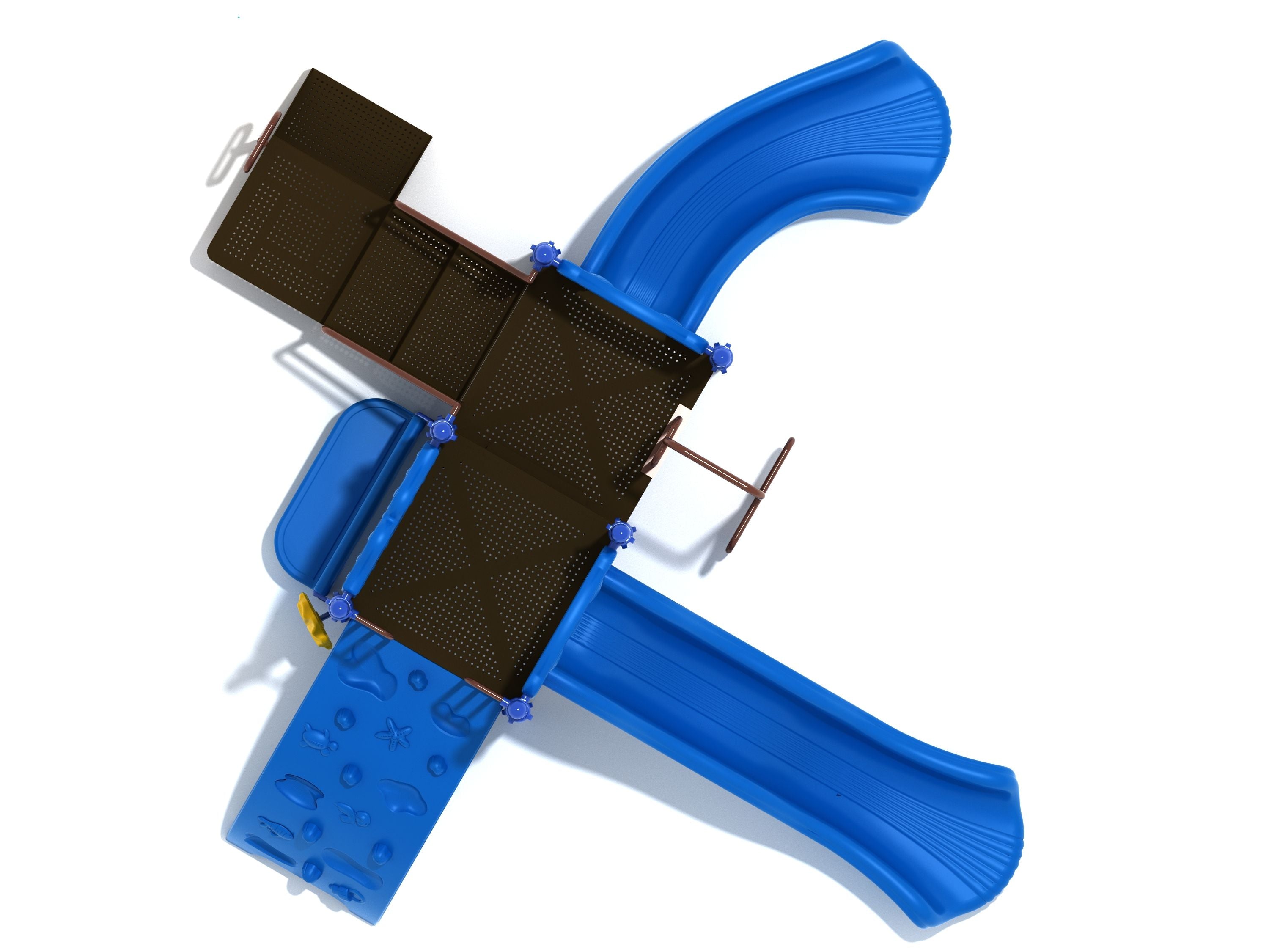 Overhead view of compact playground with blue wave and right-turn slides, sea creature climbing wall, and brown platforms