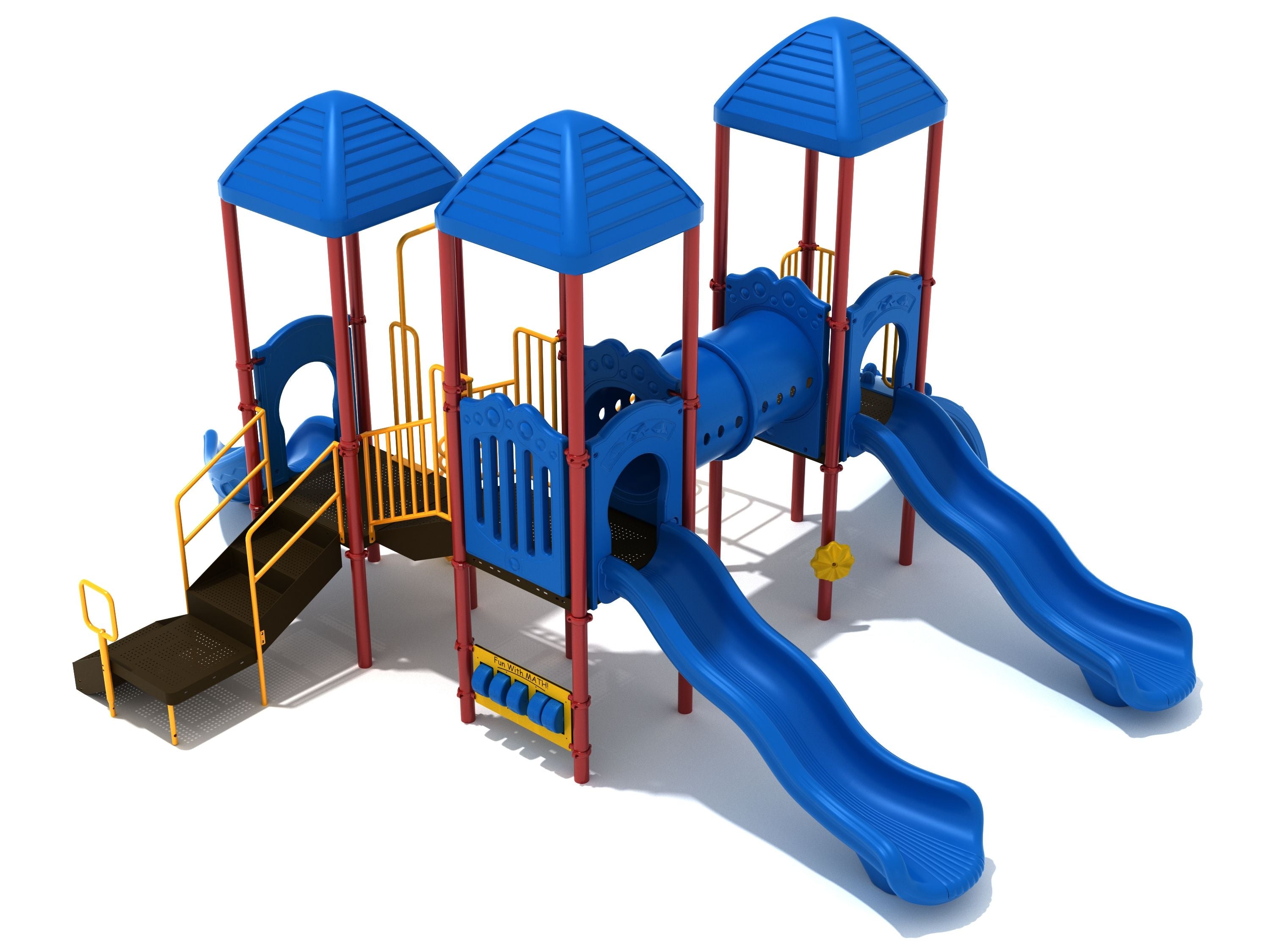 Riverdale Playground large play system with three blue towers, slides, tube bridge, spiral climber, math panel, and rain wheel