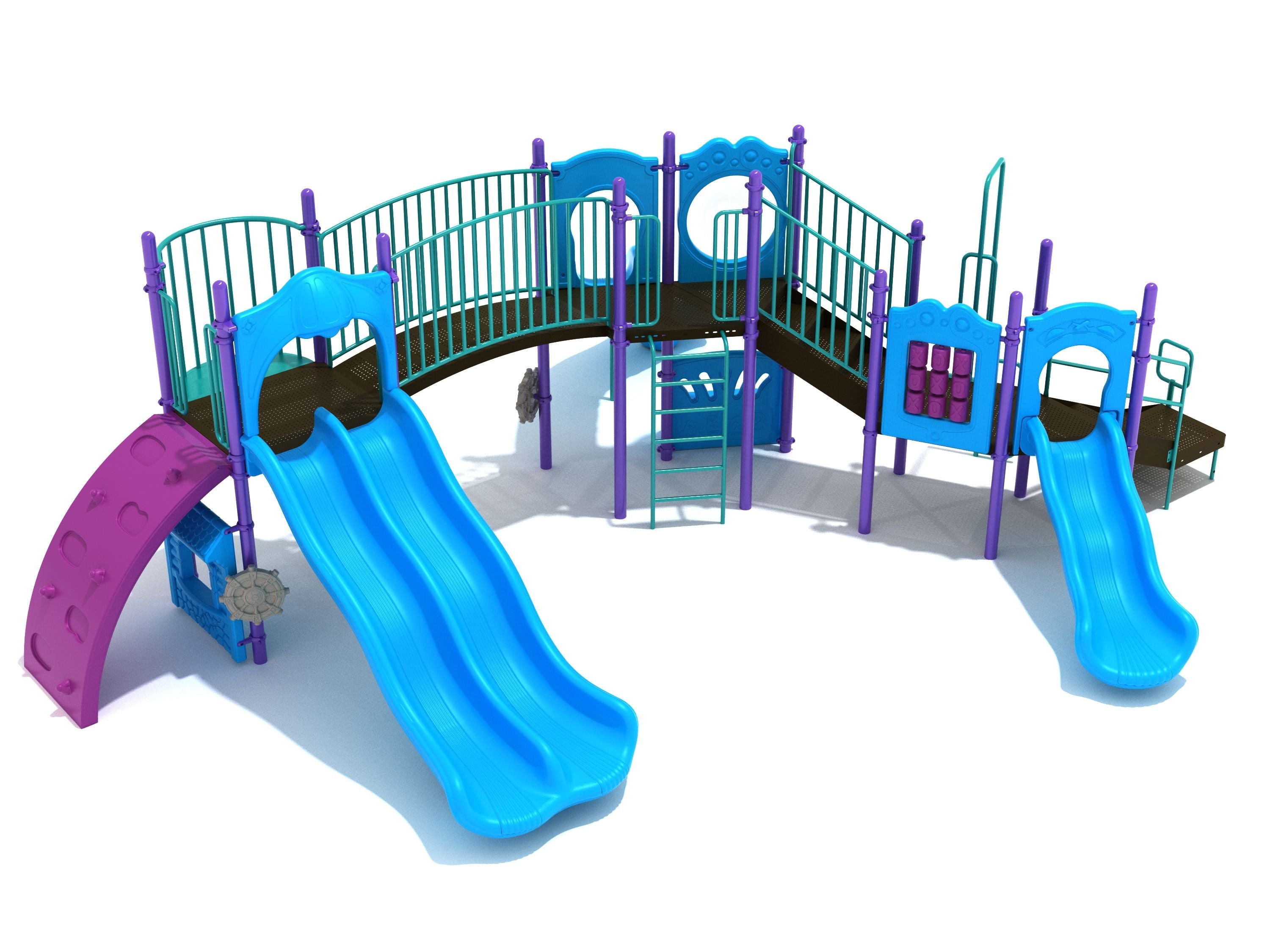 Teal and purple commercial playground with double wave slide, right-turn slide, climbing wall, ladders, and play panels