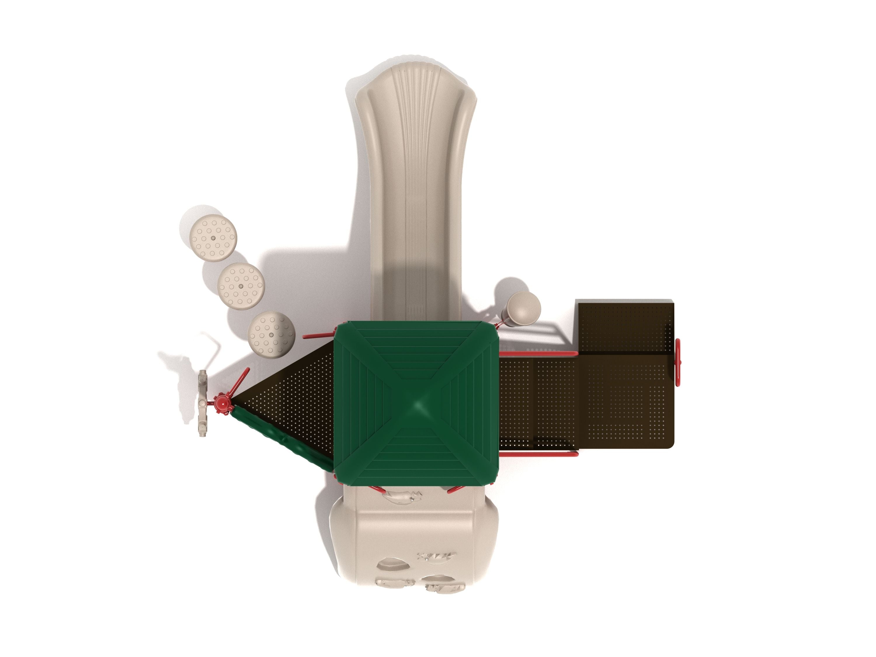 Overhead view of compact playground with green peaked roof, beige slide, climbing steps, and interactive play panels