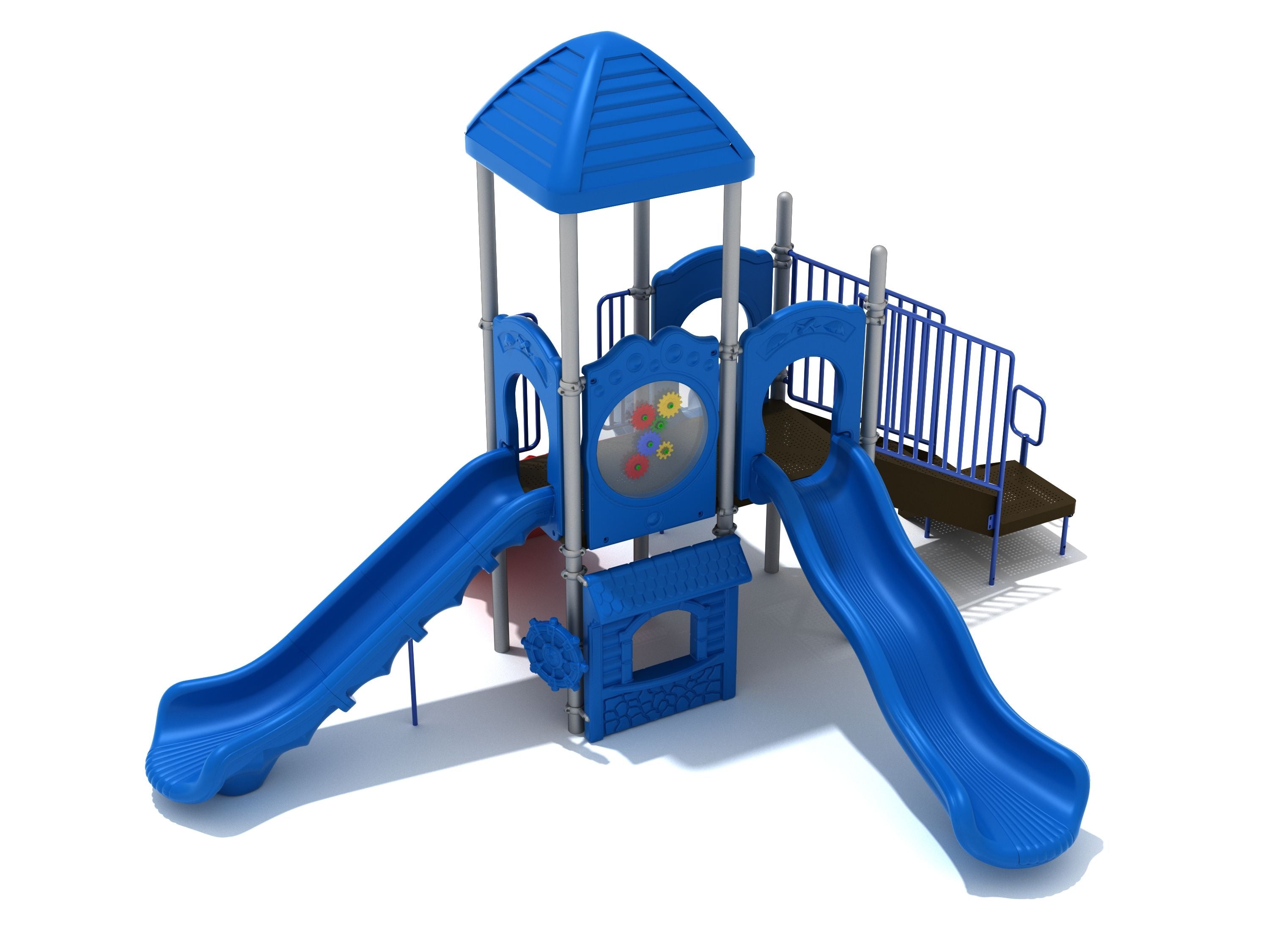 Compact blue playground structure with three slides, climbing platform, interactive gear panel, and shaded roof