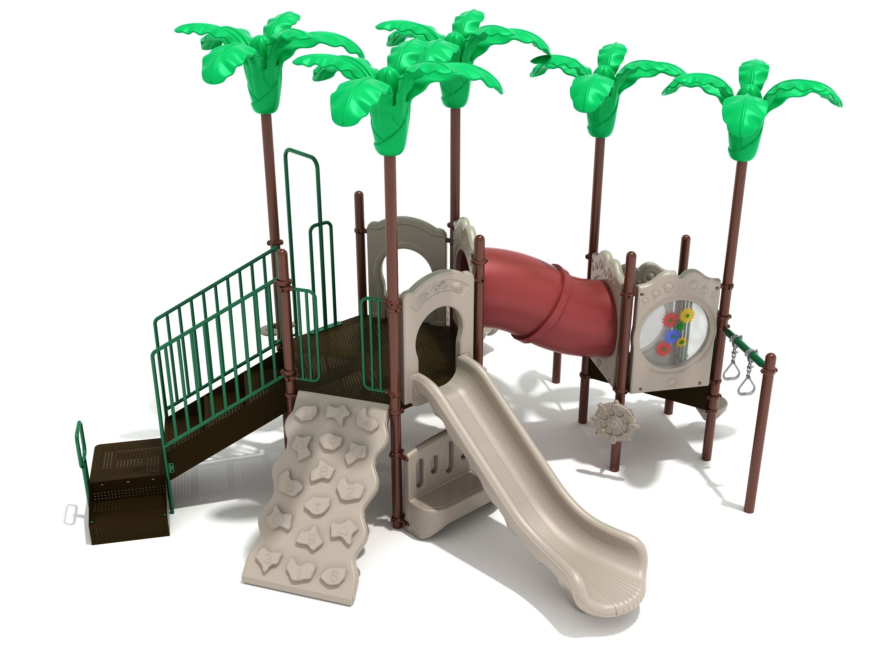 Tropical-themed playground with slides, climbing walls, tube slide, gear panel, and palm tree toppers
