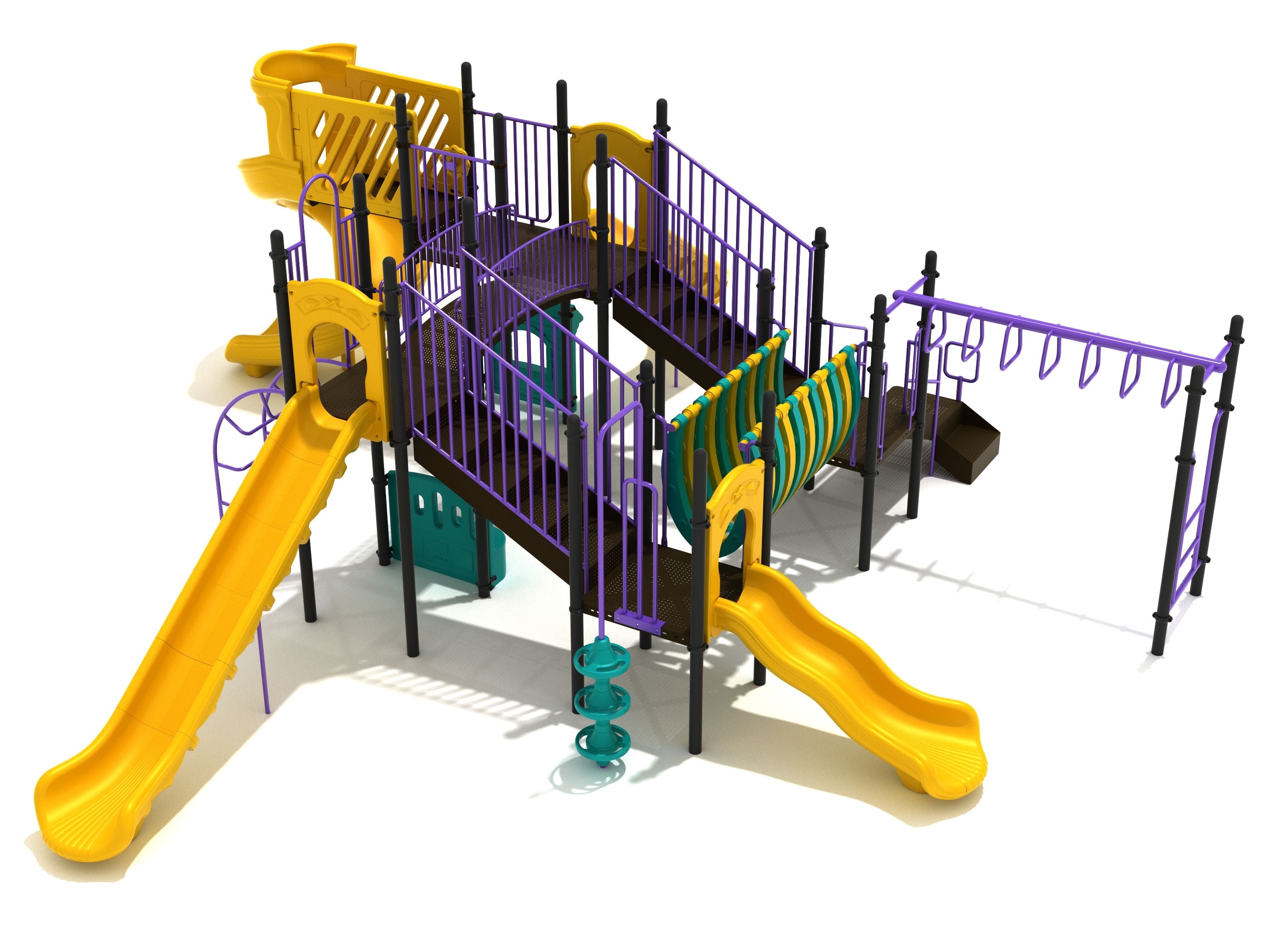 Commercial multi-level play structure with arch and panel bridges, spiral, straight and wave slides, climbers, monkey bars.