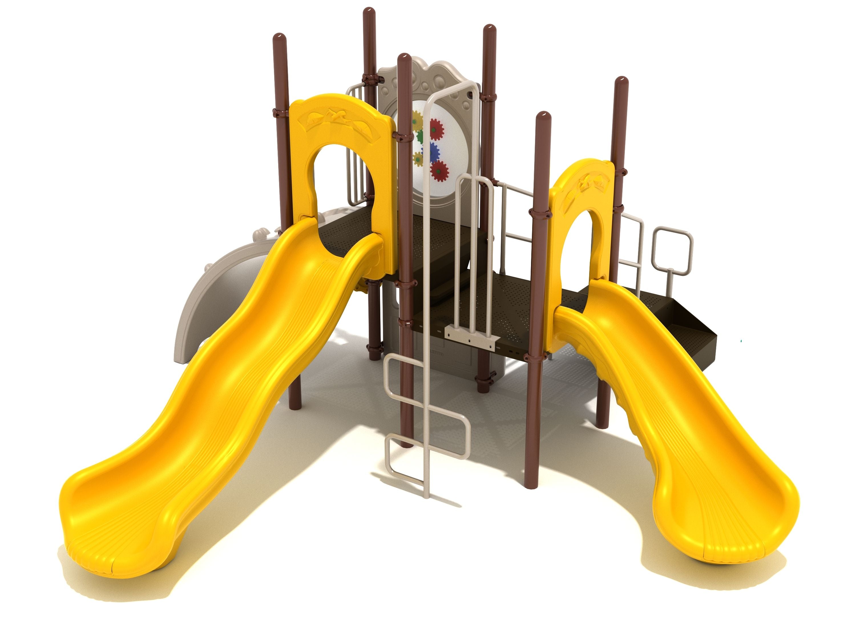 Compact playground structure with two yellow slides, climbing ladder, and interactive gear panel