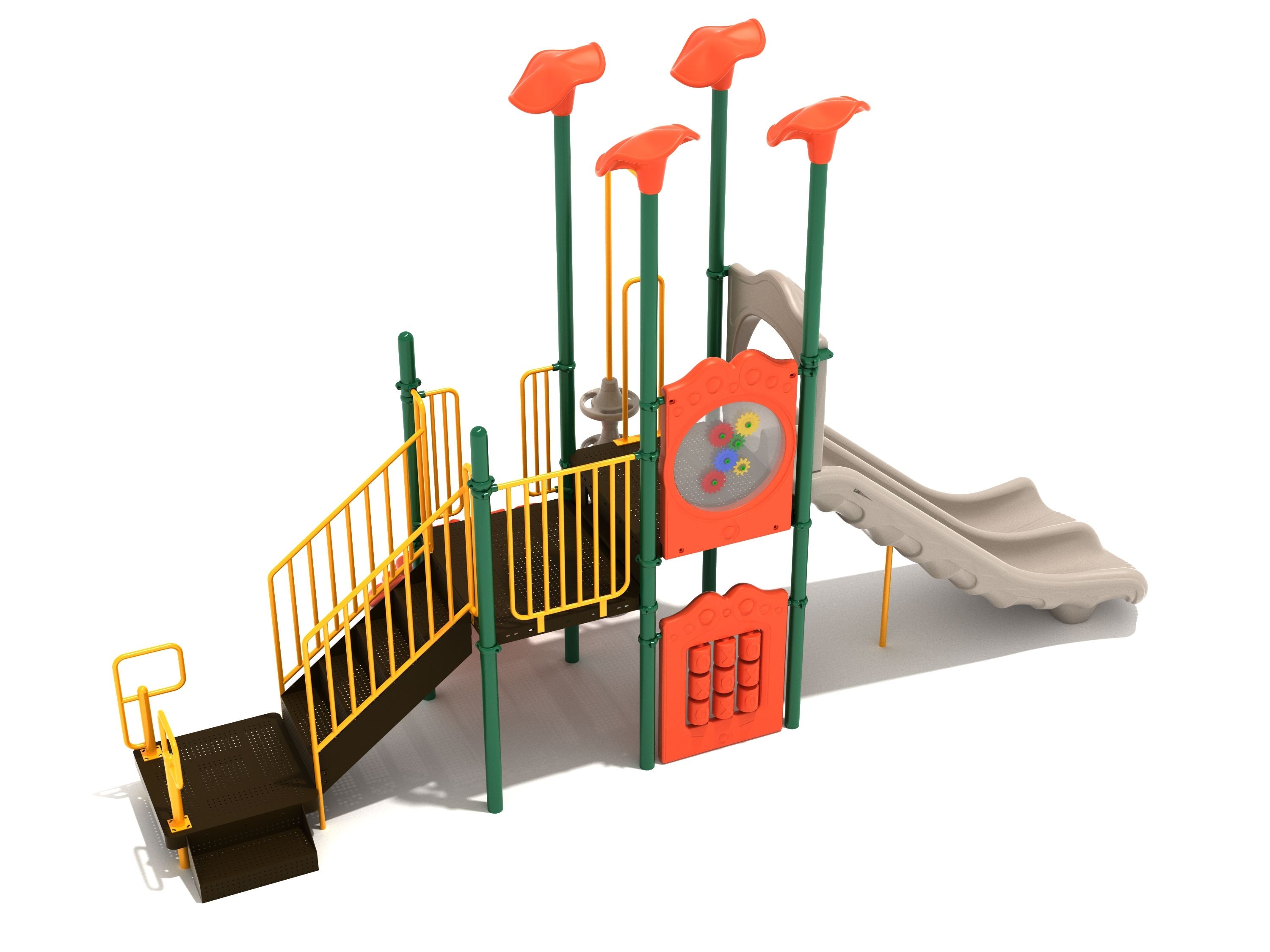 Bellingham Playground with double wave slide, number climber, pod climber, tic-tac-toe and gear panels, lotus toppers, ship’s wheel, compact outdoor play structure