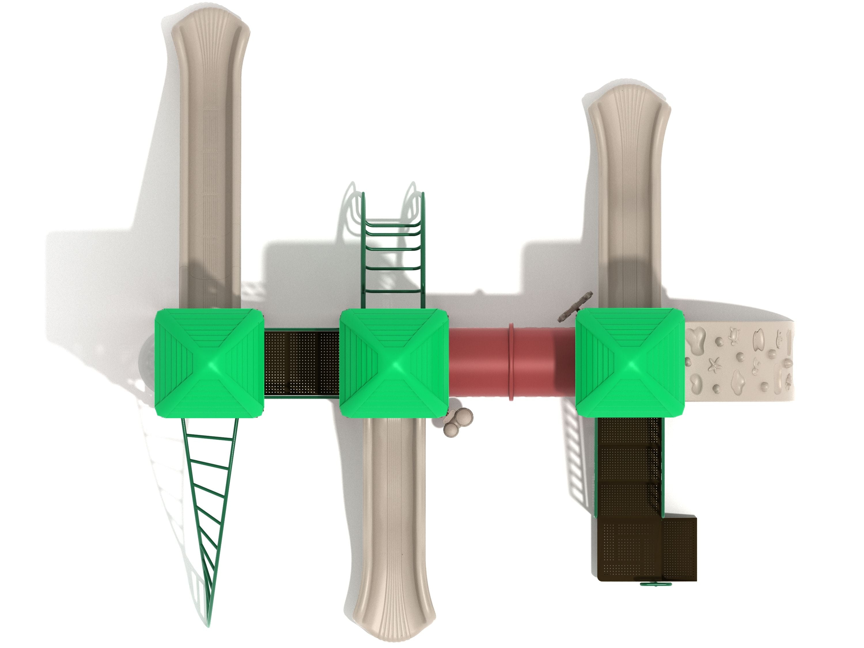Overhead view of a large playground structure with green roofs, beige slides, climbers, and a red tube bridge resembling a six-legged insect