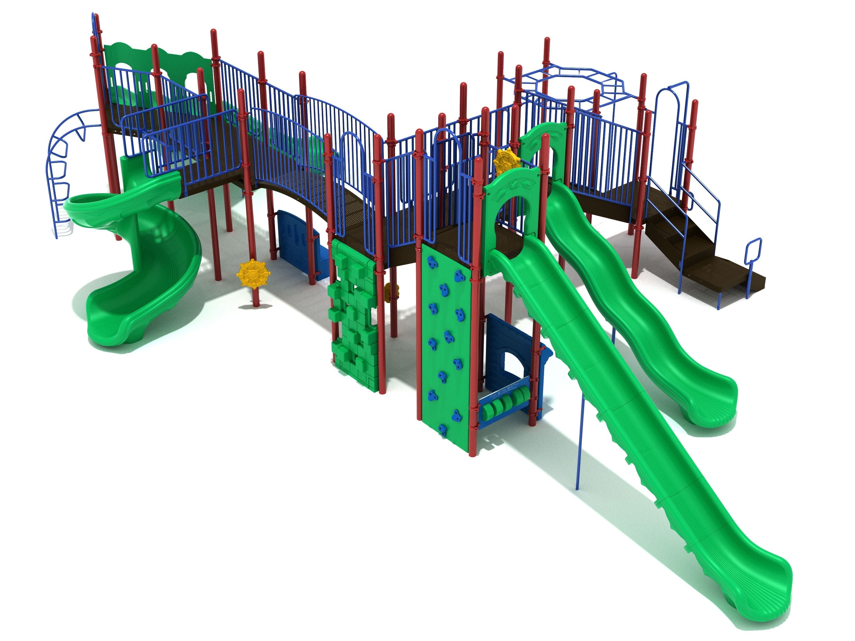 Large outdoor playground structure with multiple green slides, climbing walls, blue railings, and red support posts