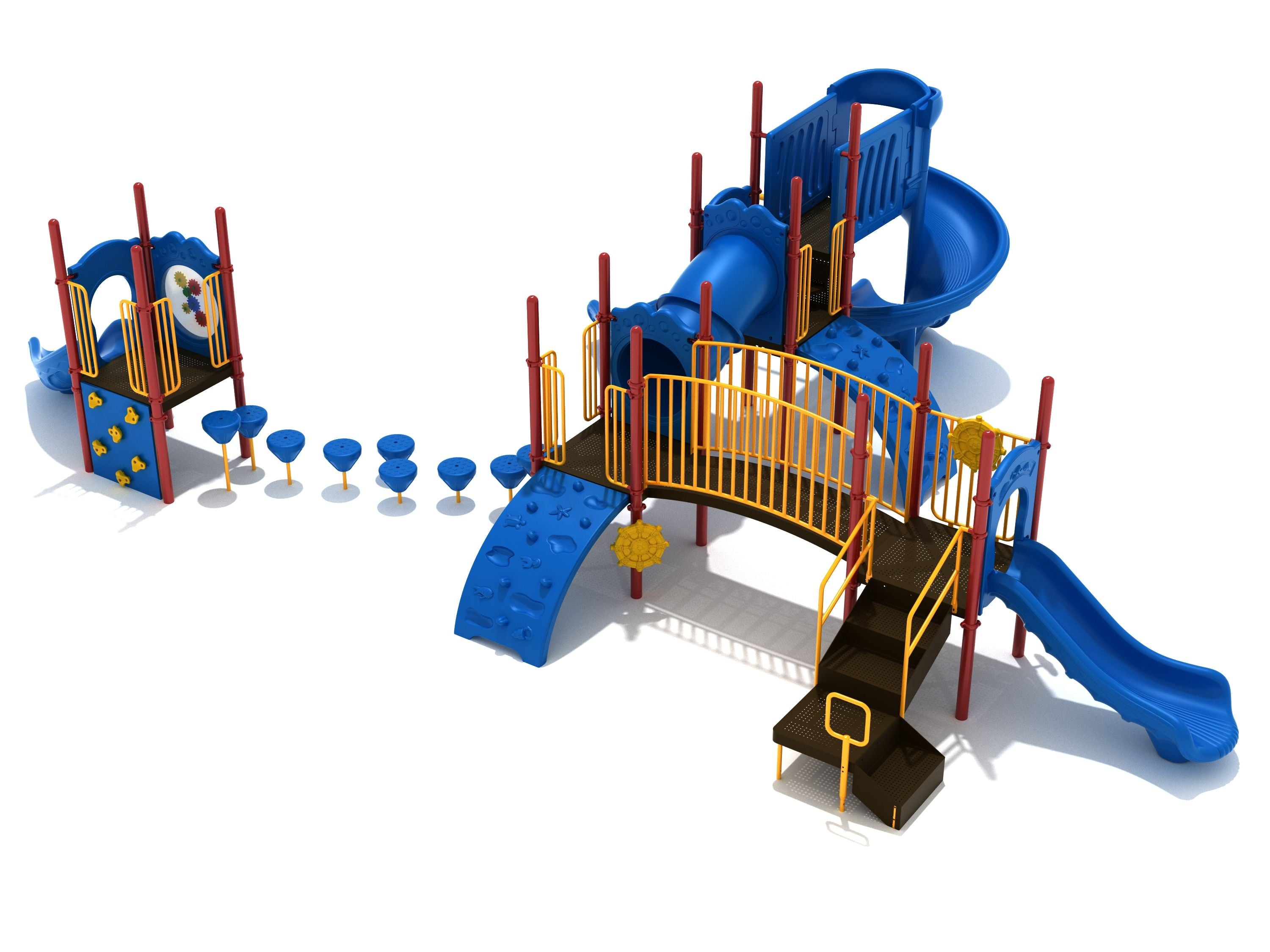 Colorful playground with blue slides, climbing walls, tube bridge, and round stepping pods for active play