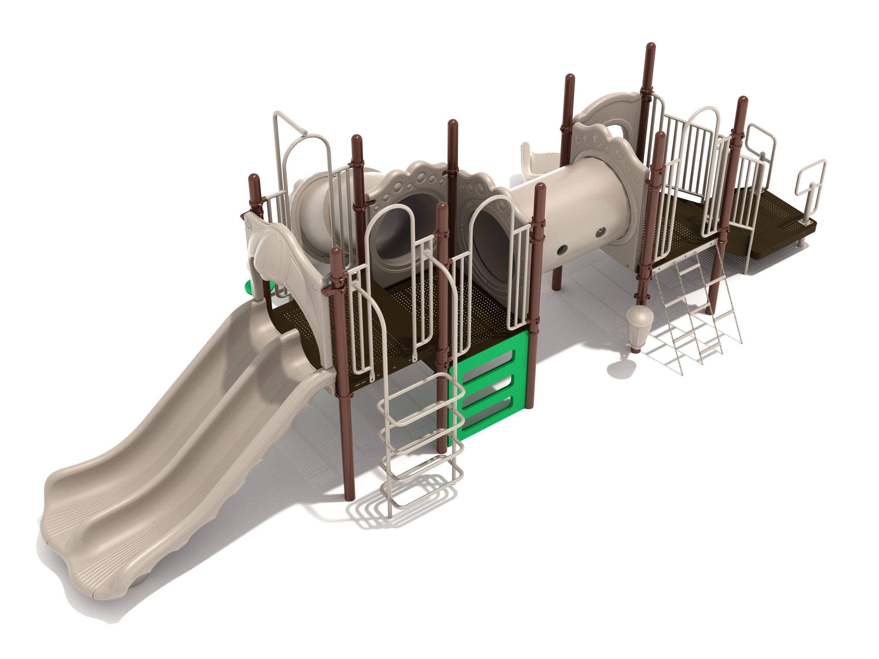 Playground structure with dual beige slides, enclosed tube tunnels, climbing ladders, and brown support posts