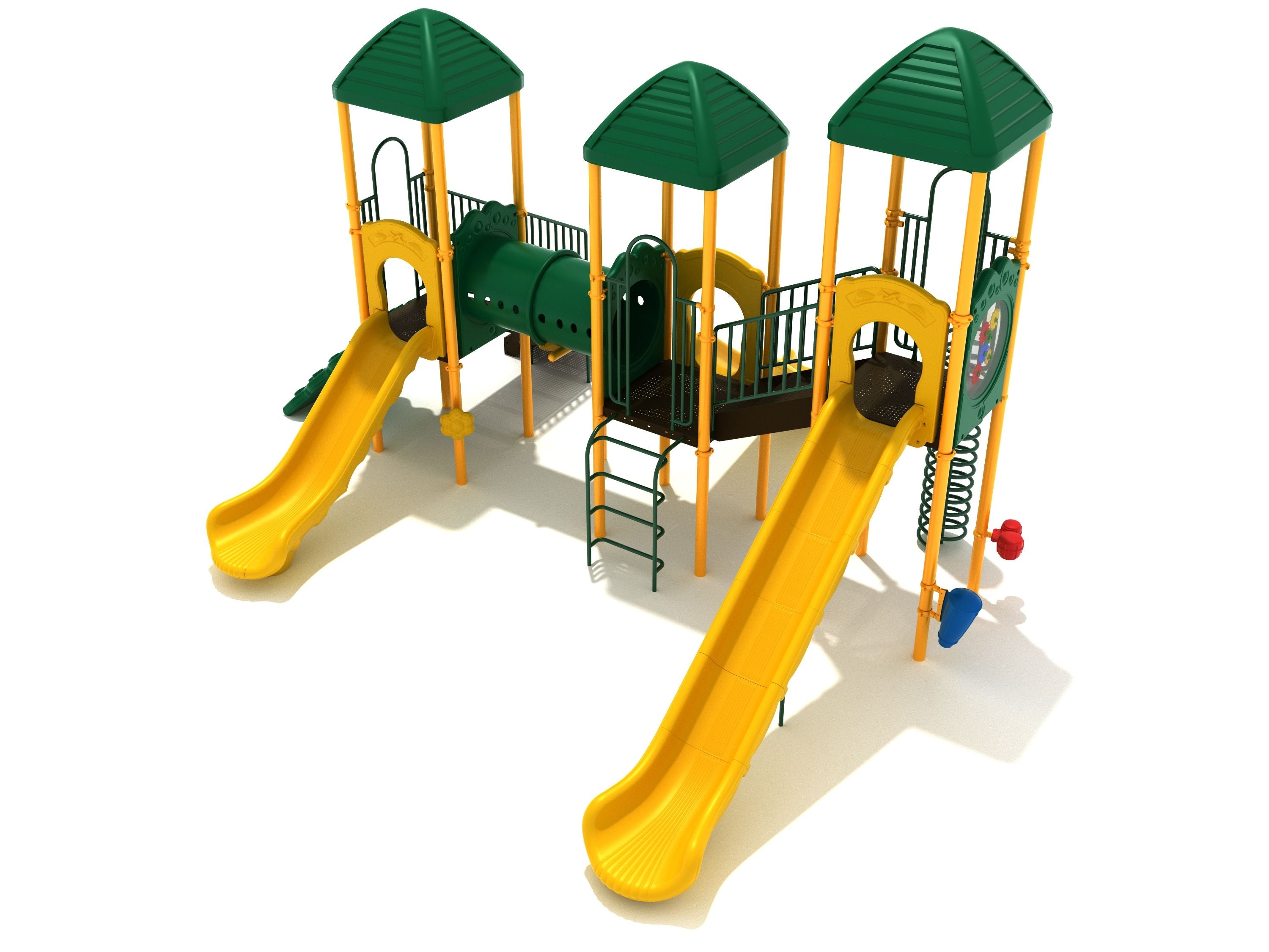 Westminster Playground large play system with green rooftops, yellow slides, tube tunnel, climbing ladders, and interactive gear panel
