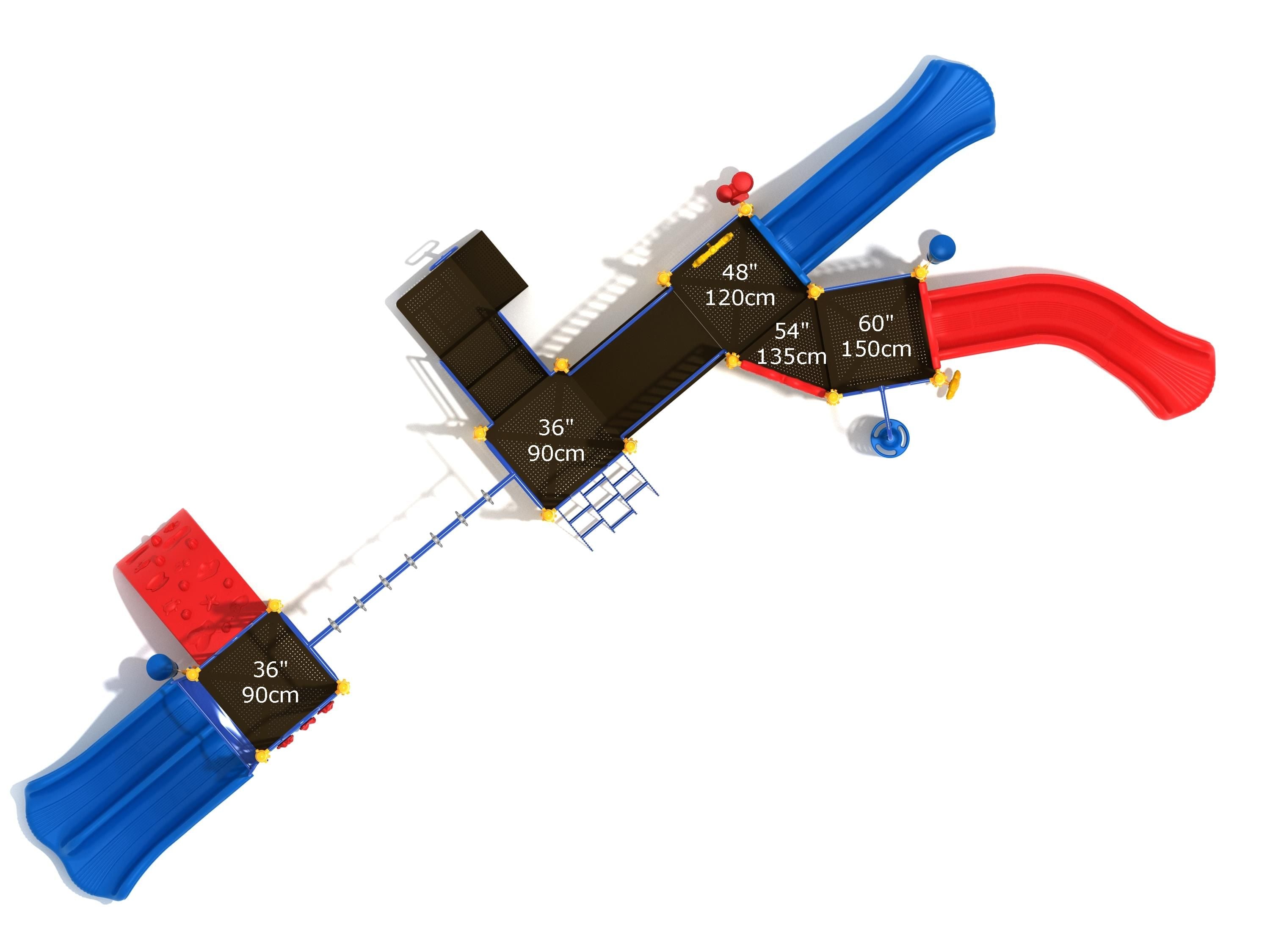 Overhead view of colorful playground with multiple platforms, two slides, climbing ladders, swinging ring ladder, and themed climbers