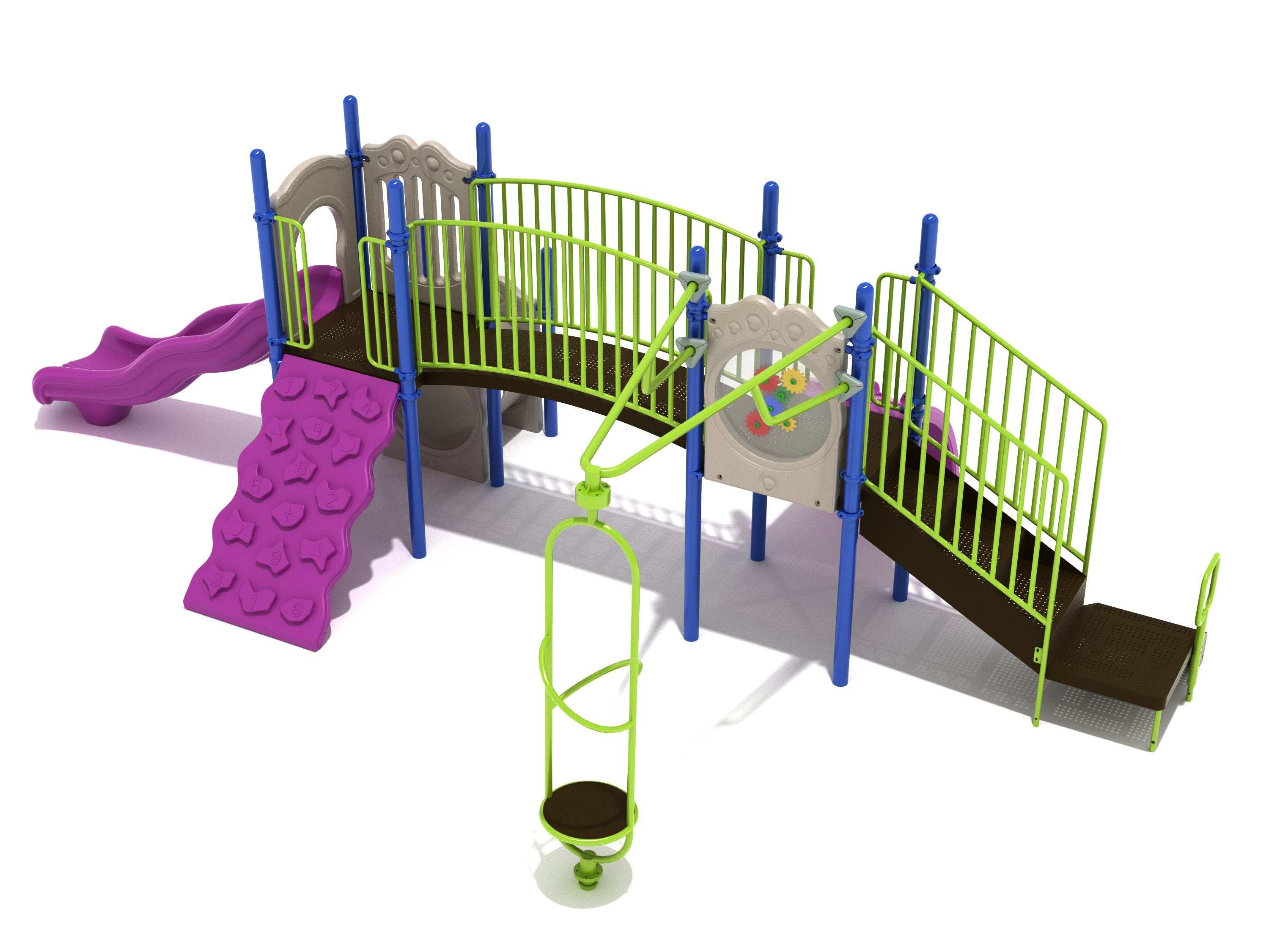 Tampa Playground large play system with purple wave slide, number climber, green railings, gear panel, and orbital spinner