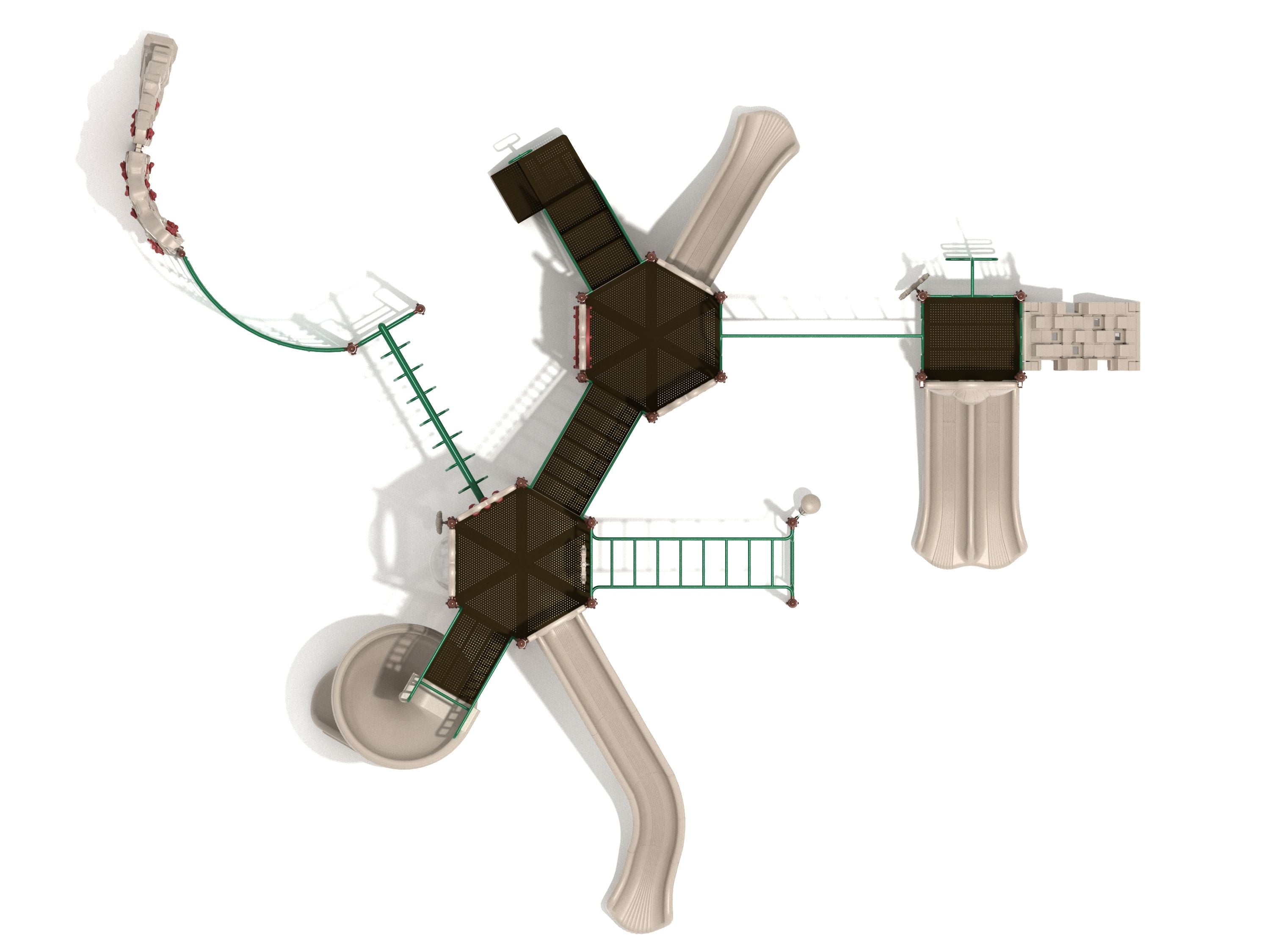 Overhead view of a large neutral-toned playground with multiple platforms, slides, and diverse climbers including loop ladder and net climbers