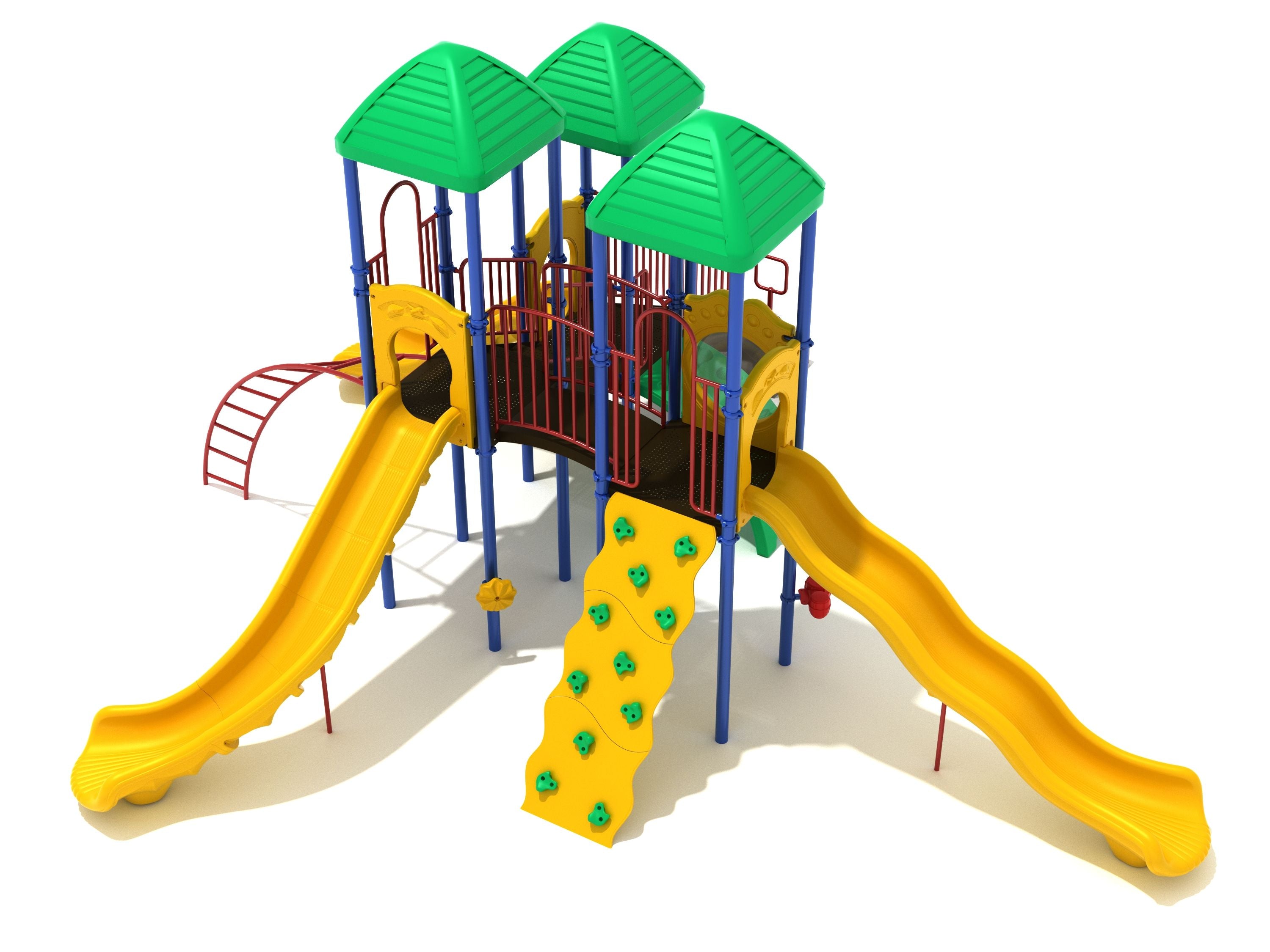 Southport Playground with 6-foot decks, green roofs, yellow slides, wavy rock climbing wall, and red railings on blue supports