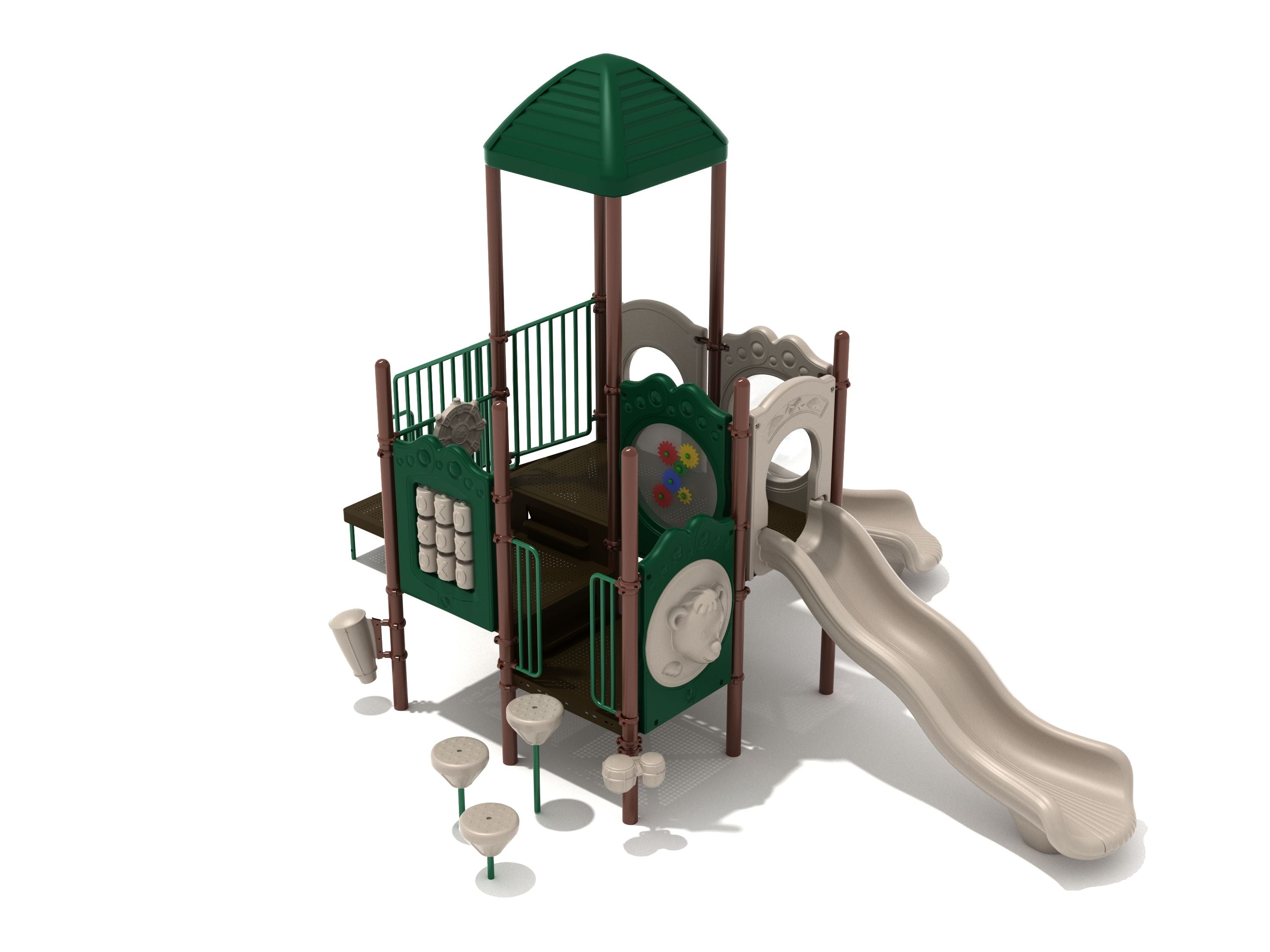 Compact playground structure with green roof, beige slides, percussion panels, spinning wheels, and stepping pods for climbing.