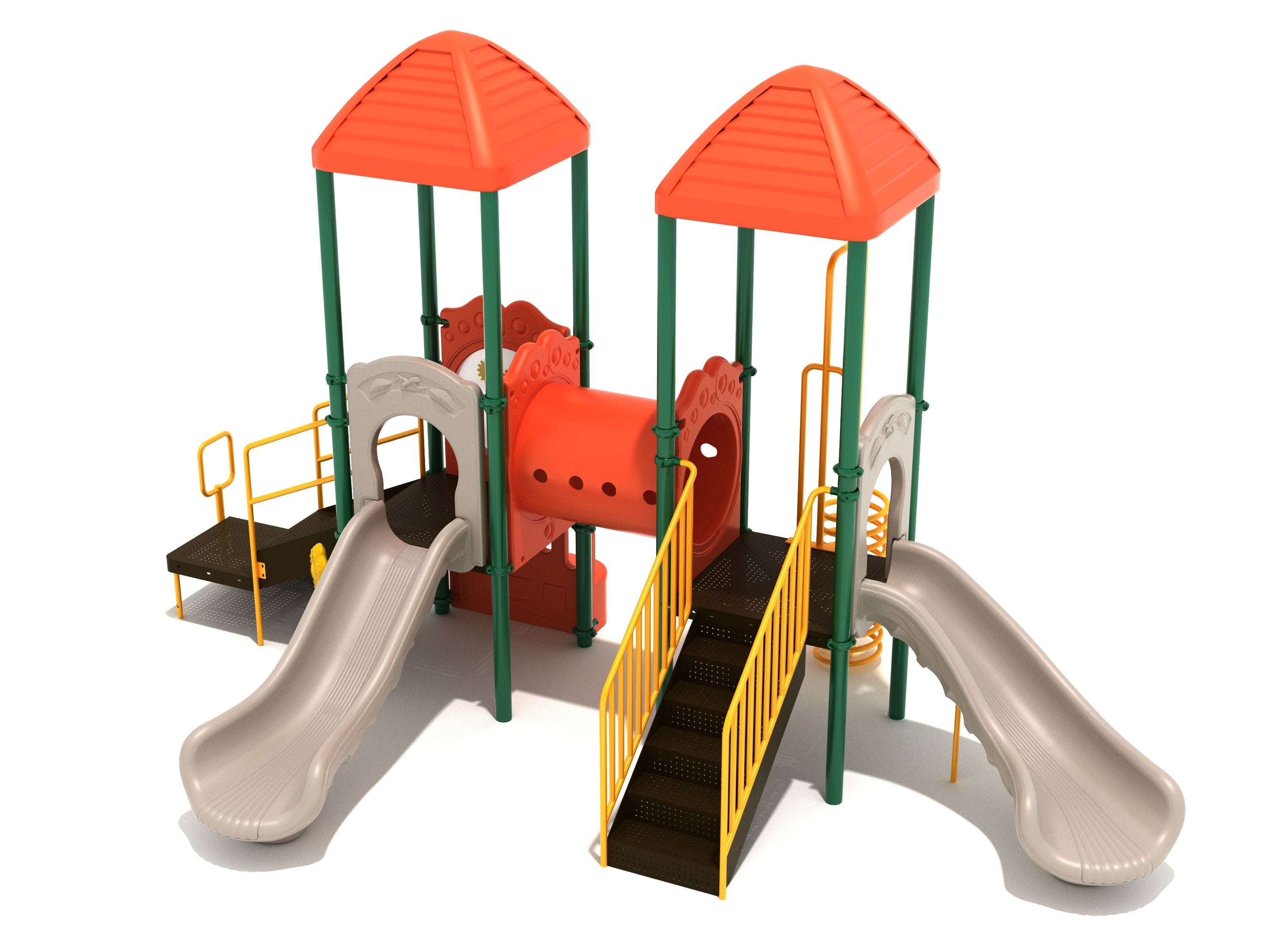 Olympia Playground large play system with two slides, raised platforms, tube bridge, spiral climber, and colorful gear panel