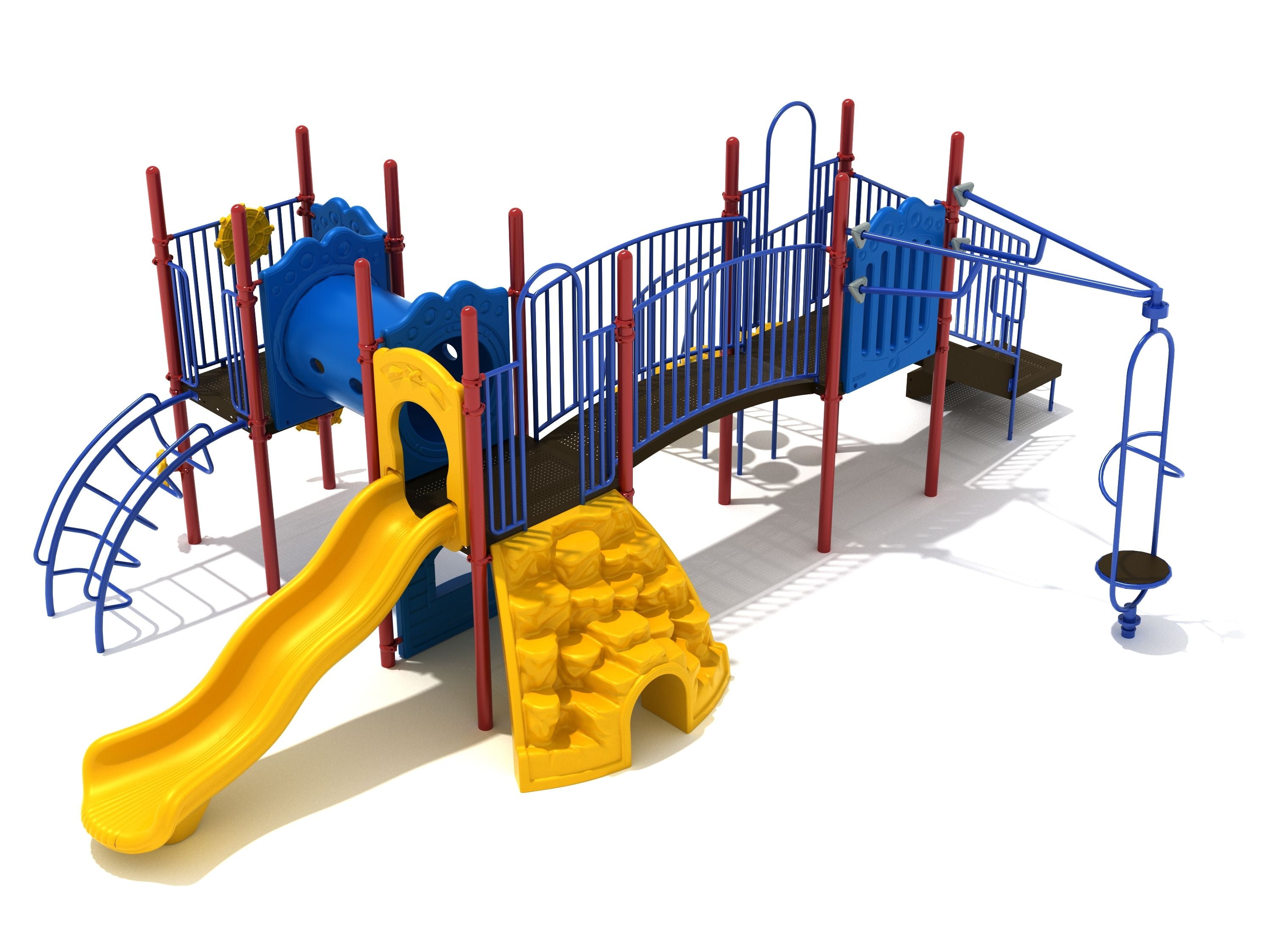 Elevated playground structure with yellow slide, rock climber, blue railings, bridge, and spinning seat for active play and balance development