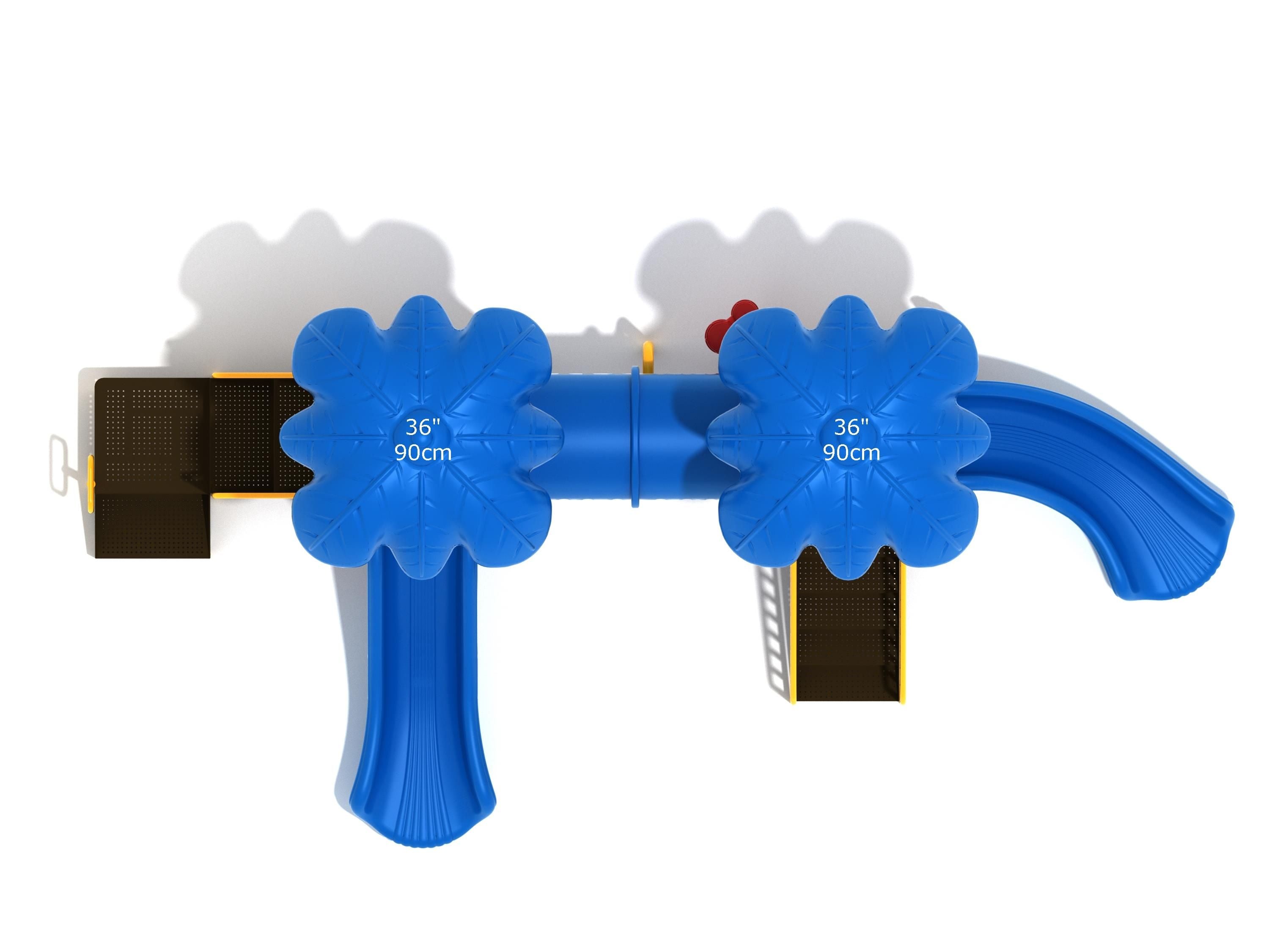 Overhead view of blue playground with two palm-frond canopies, tube bridge, stairs, right turn and straight slides