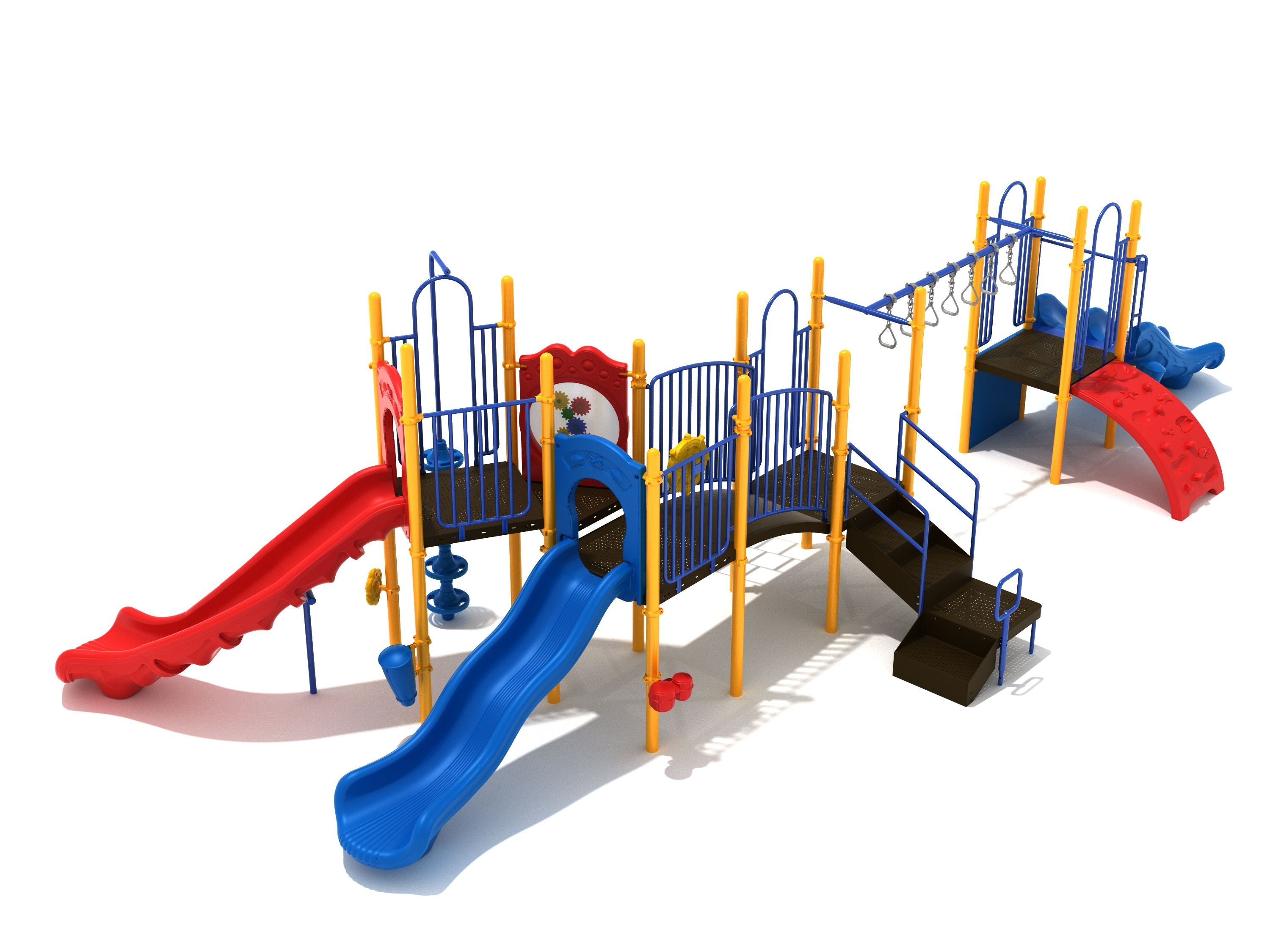 Bandera Playground with red and blue slides, climbing walls, gear panel, ship’s wheel, and swinging ring ladder on large play system