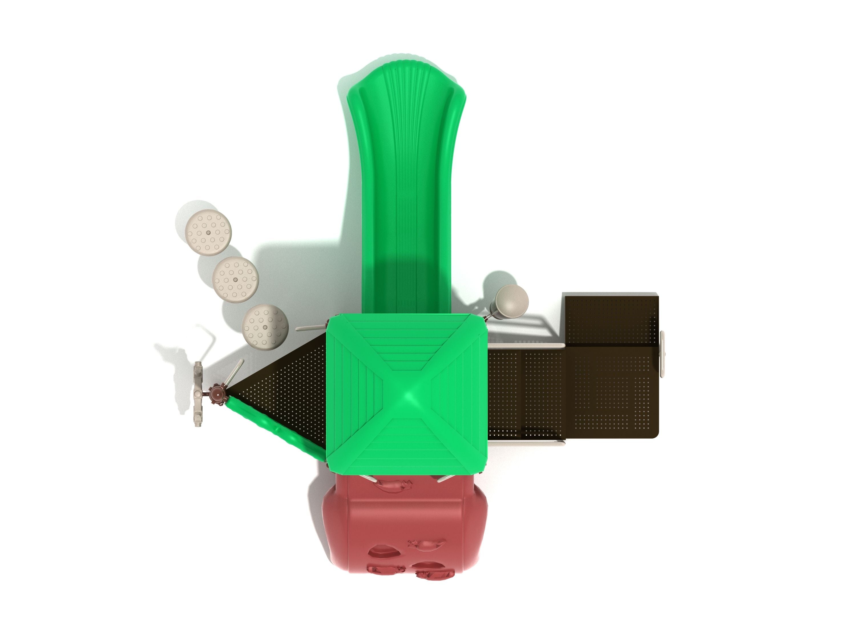 Overhead view of colorful playground with green roofed central tower, wave slide, pebble and carrot climbers, gear panel, ship’s wheel, and drum.