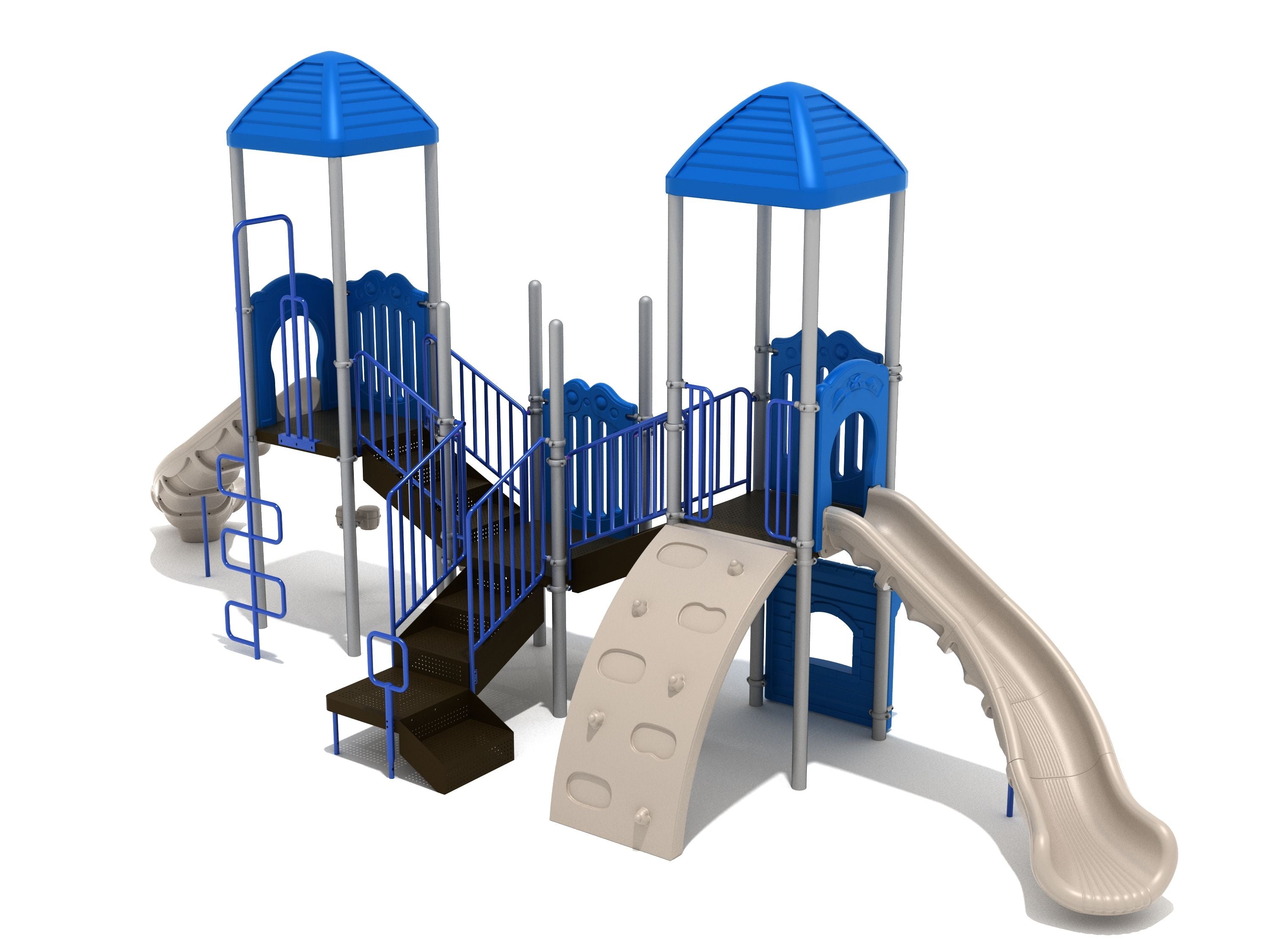 Salem Playground large play system with blue turrets, beige slides, climbing wall, stairs, Sea Creature and Snake Climbers, bongos, ship’s wheel, and store panel