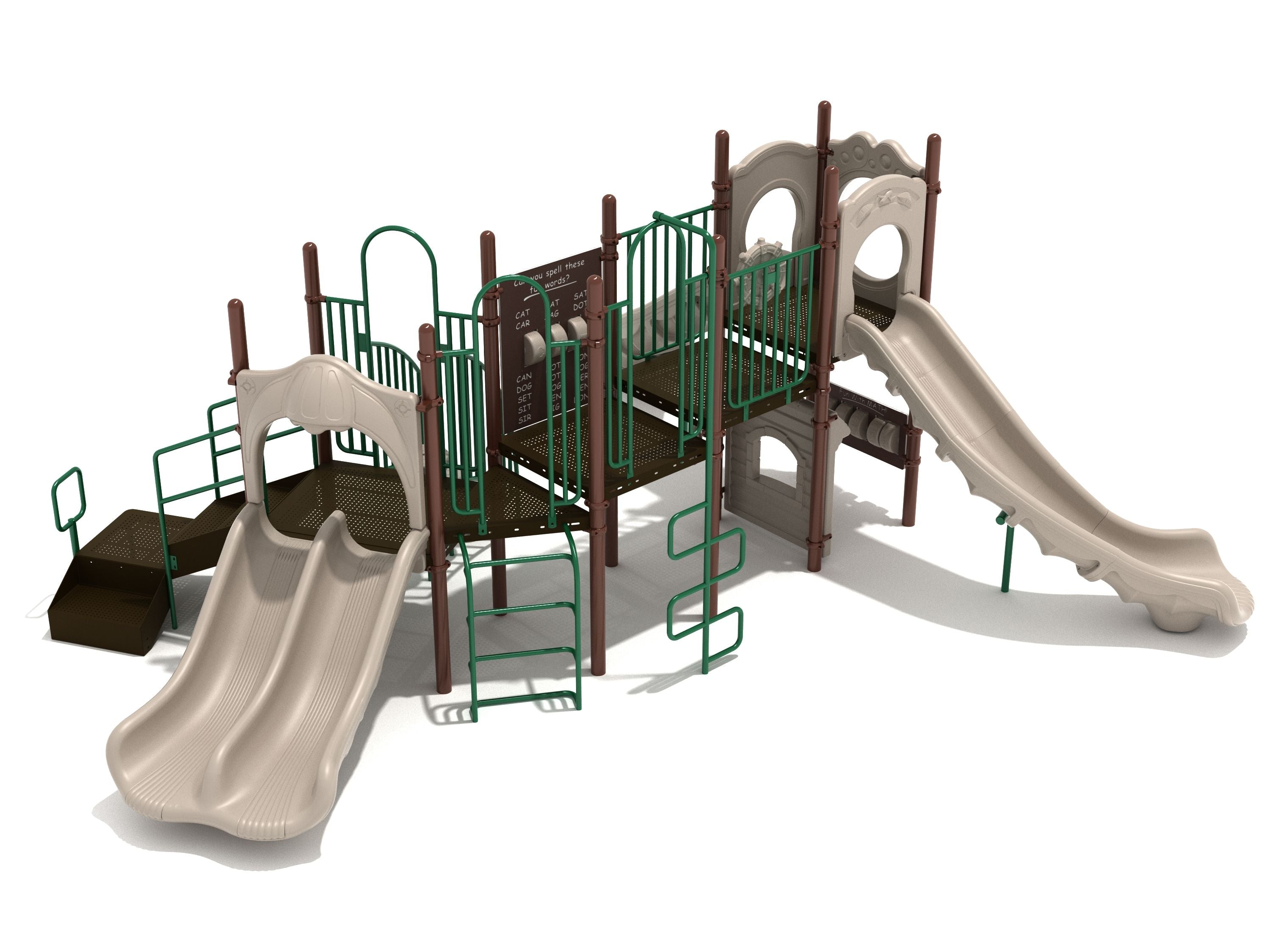 Beige and green playground structure with double slides, turn slides, climbing ladders, and educational panels including spelling and math features