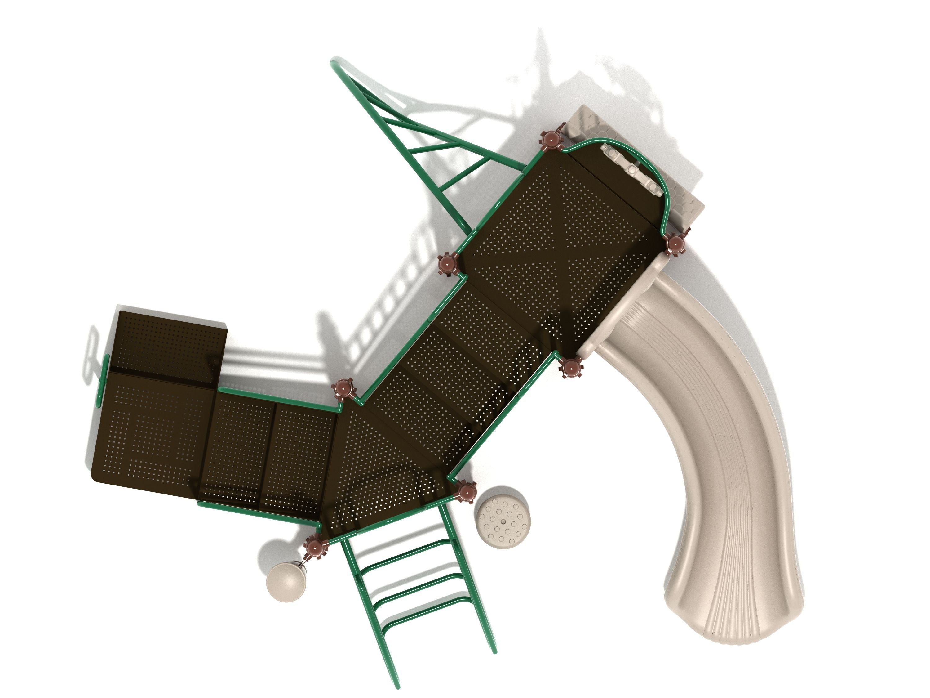 Overhead view of playground with green metal bars, brown platforms, curved beige slide, and climbing elements
