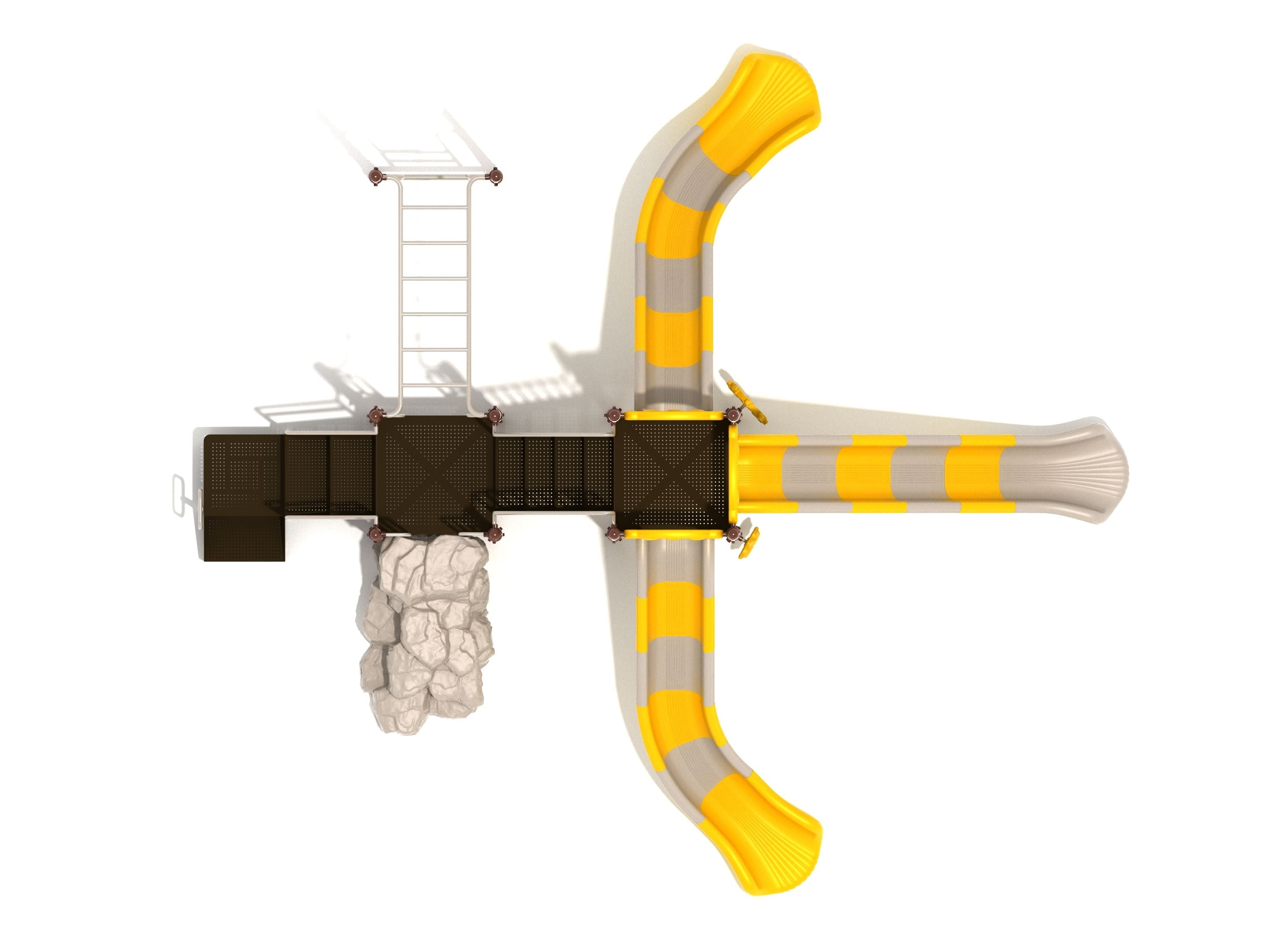 Overhead view of a playground structure with three yellow and gray slides, climbing ladders, and a boulder climber