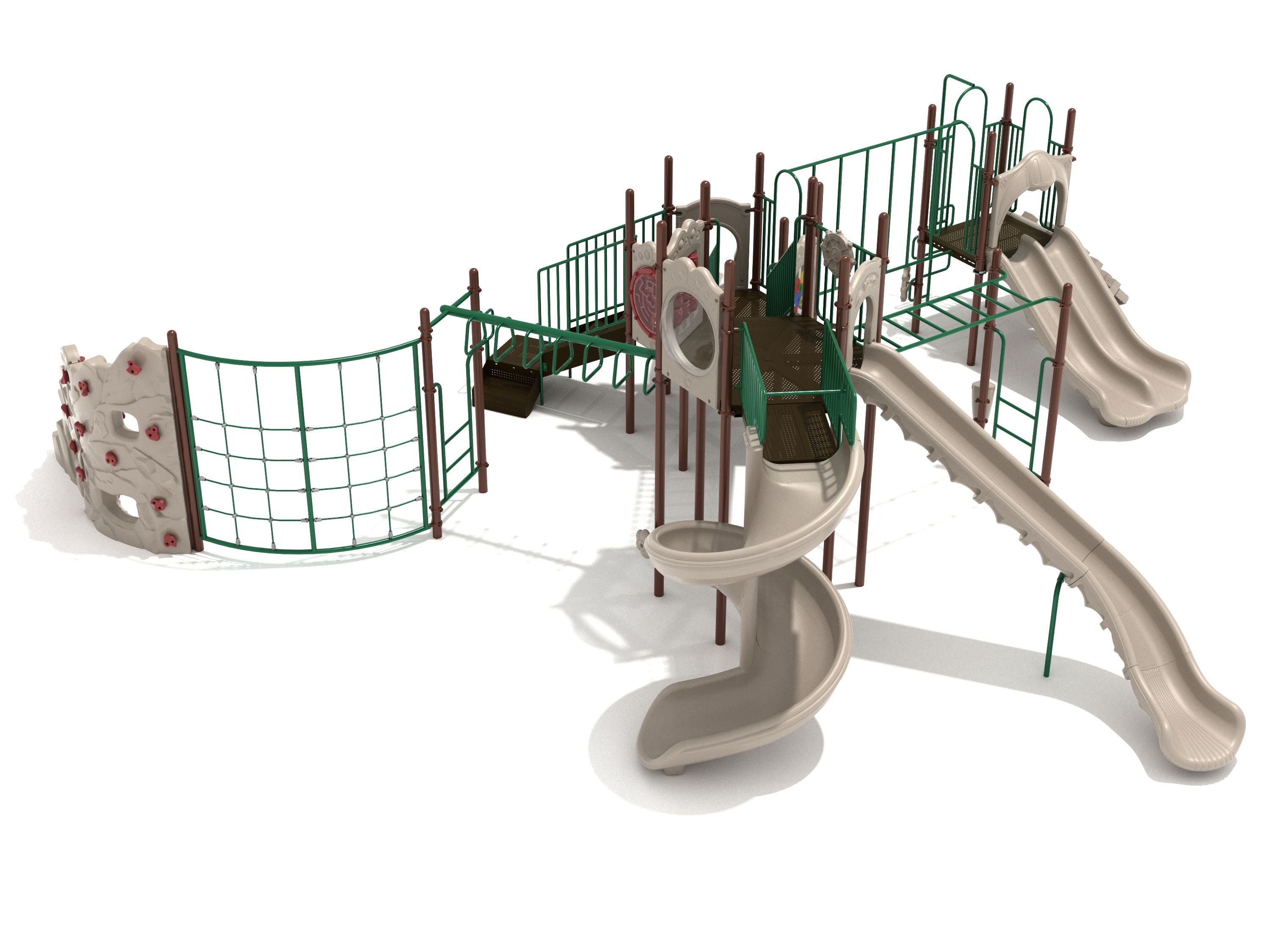 Large beige and green playground structure with spiral and double slides, climbing nets, ladders, and interconnected platforms.