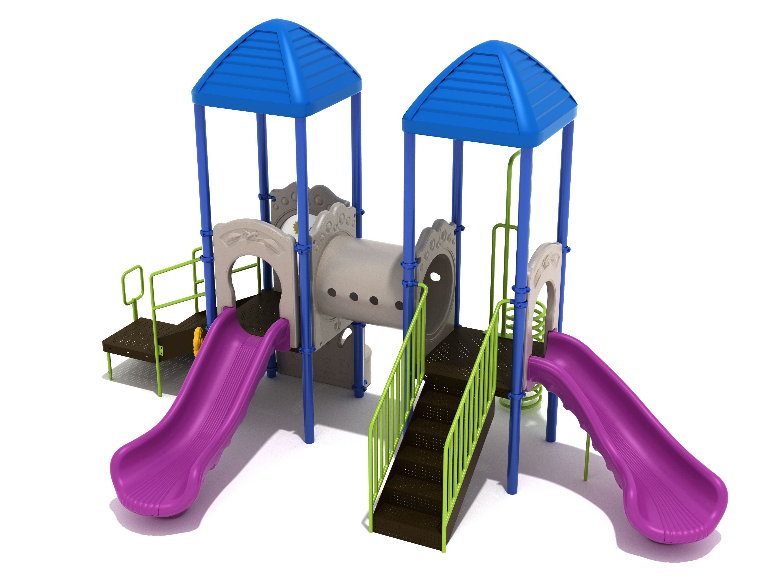 Playground structure with two blue-roofed towers, purple slides, green railings, a raised tube bridge, and a spiral climber