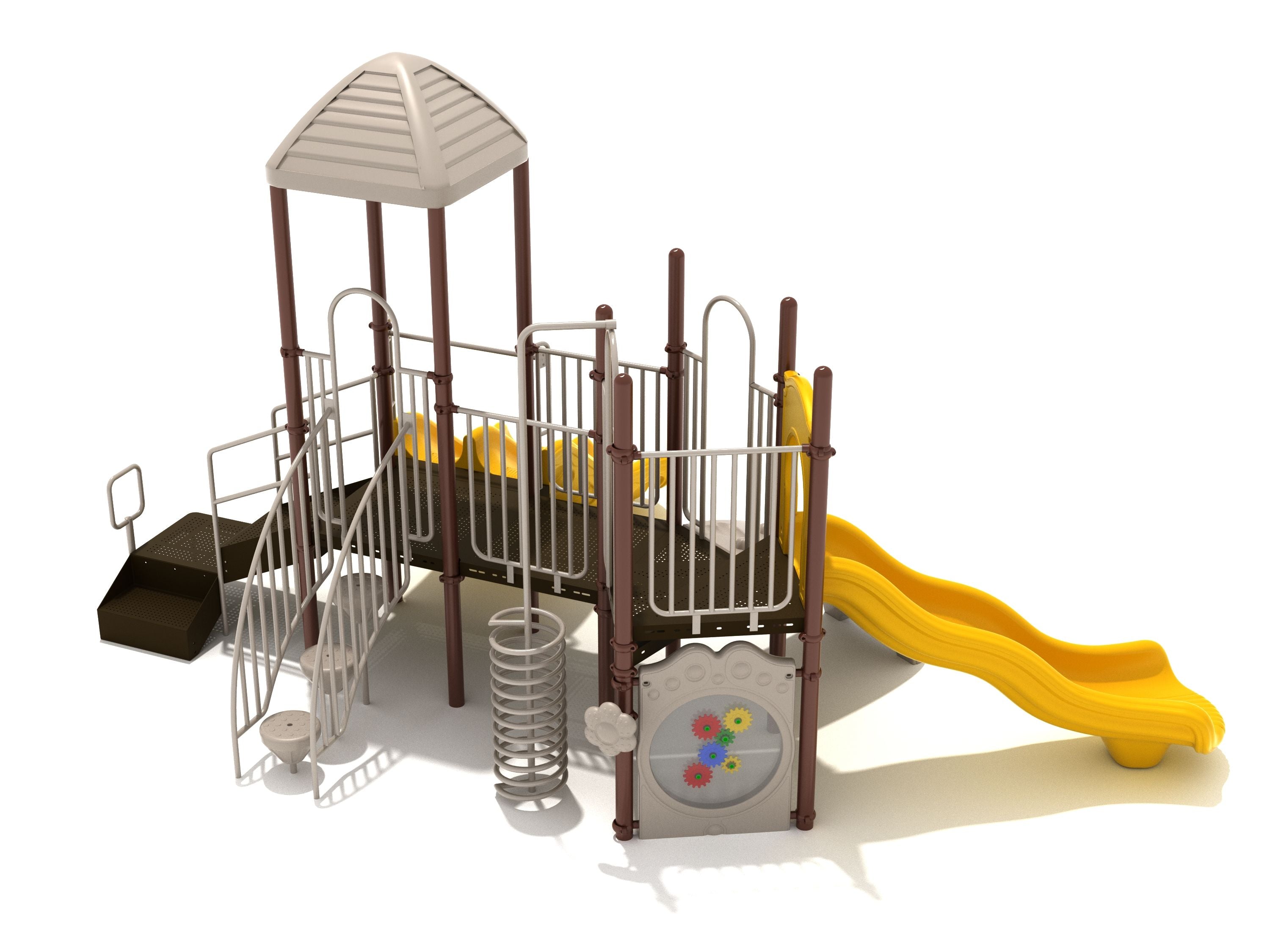 Newburyport Playground with yellow double wave slide, spiral climber, gear panel, and shaded platform