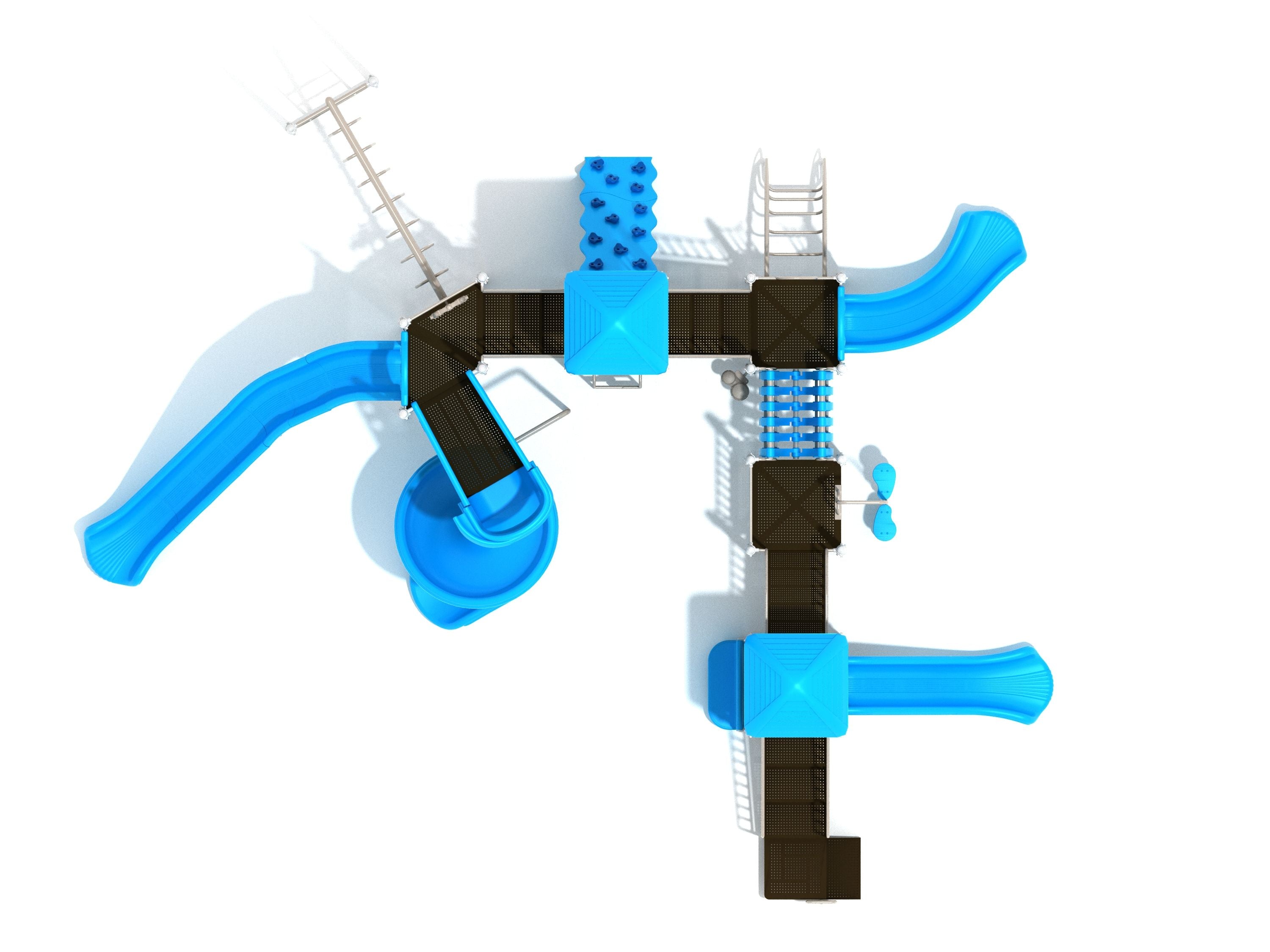 Overhead view of a large playground structure with multiple blue slides, climbing walls, bridges, and activity panels