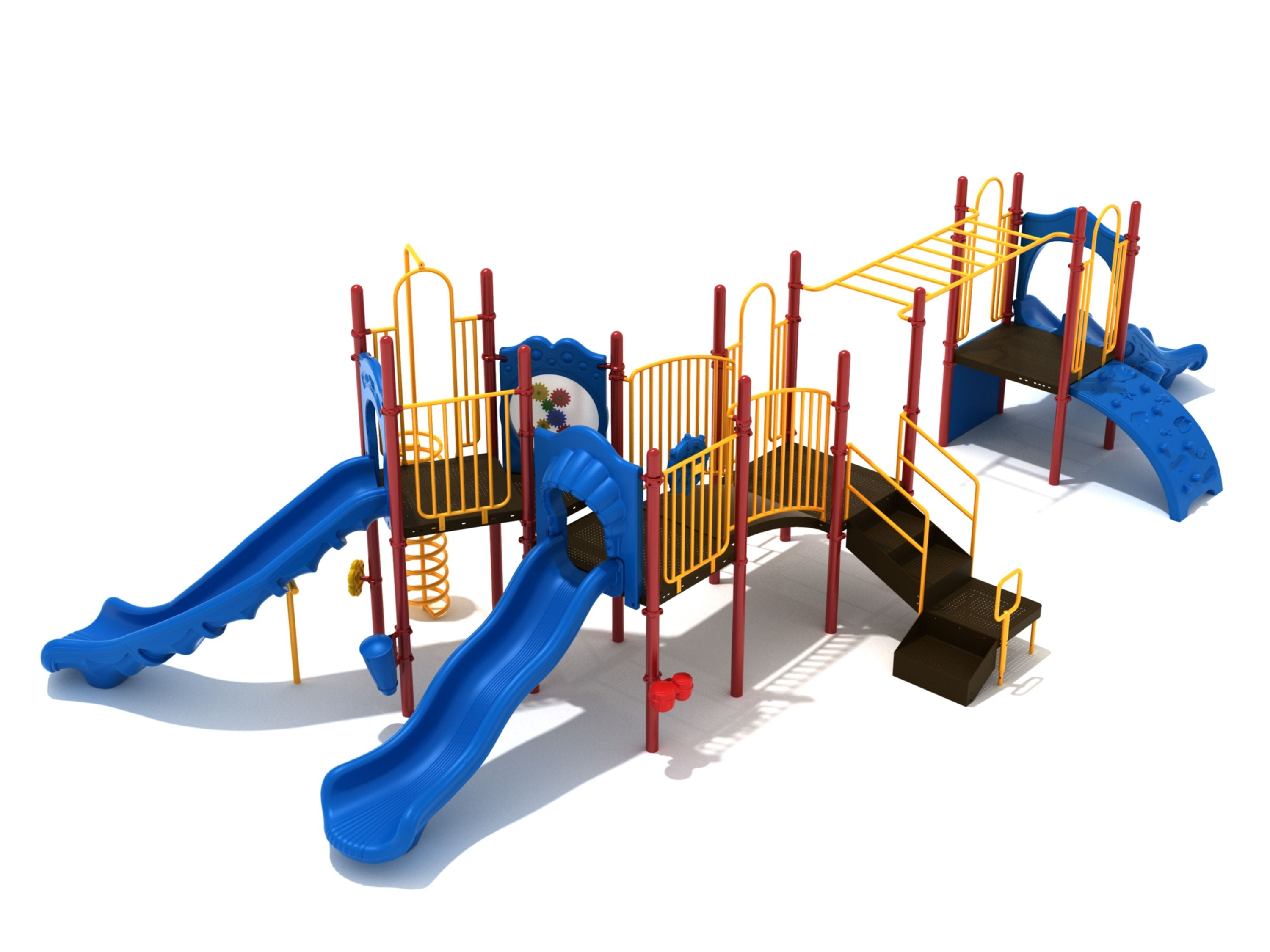 Colorful playground structure with blue slides, yellow climbing ladders, spiral and rock climbers, and connecting platforms