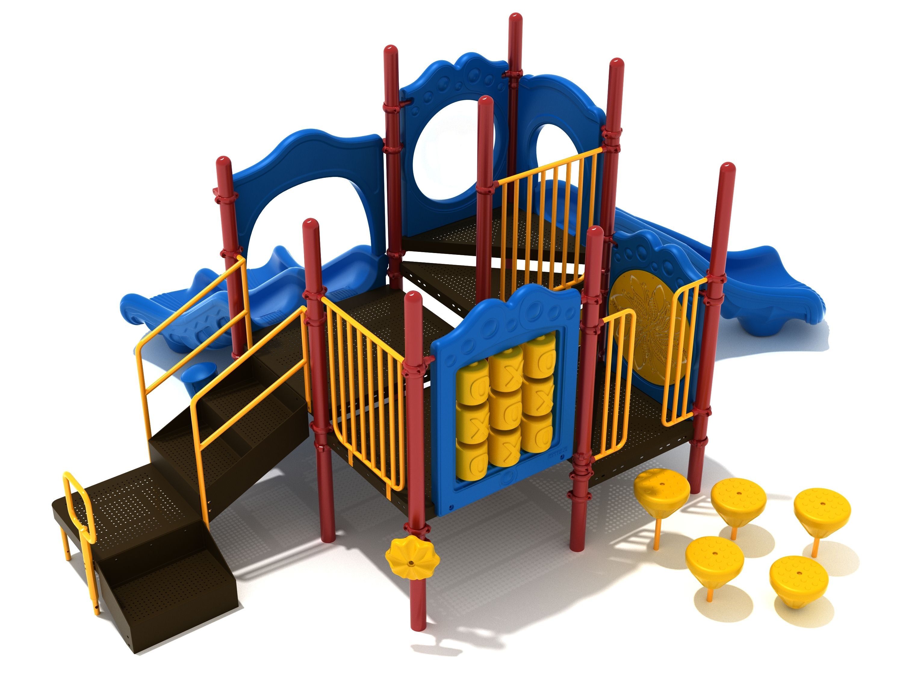 Colorful playground structure with blue slides, yellow tic-tac-toe panel, climbing steps, and red support posts
