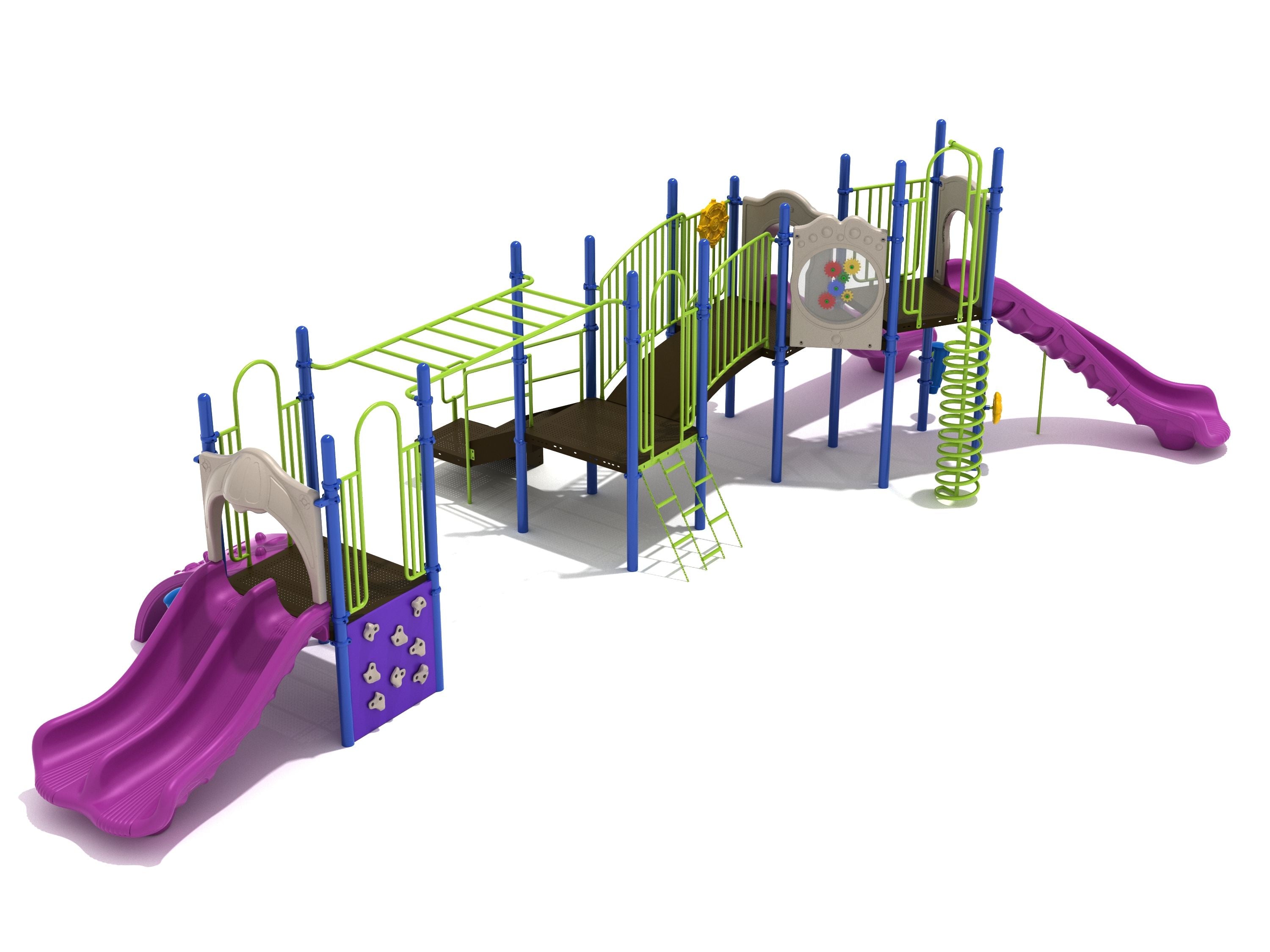 Colorful playground structure with four slides, spiral and chain climbers, rock climbing wall, sea creature climber, and overhead horizontal ladder