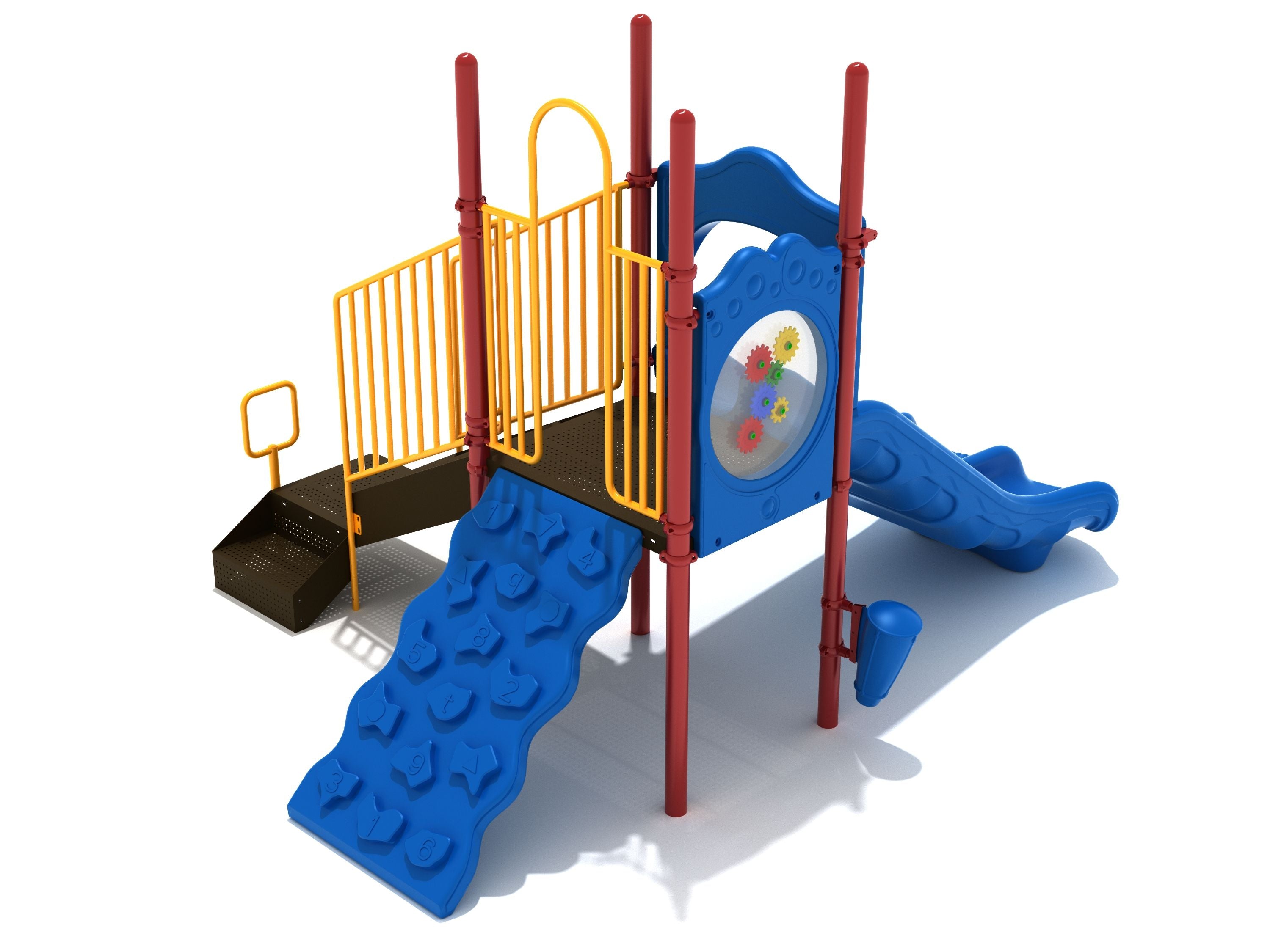Compact playground with blue climbing wall, double slide, gear panel, mounted drum, and red-yellow supports