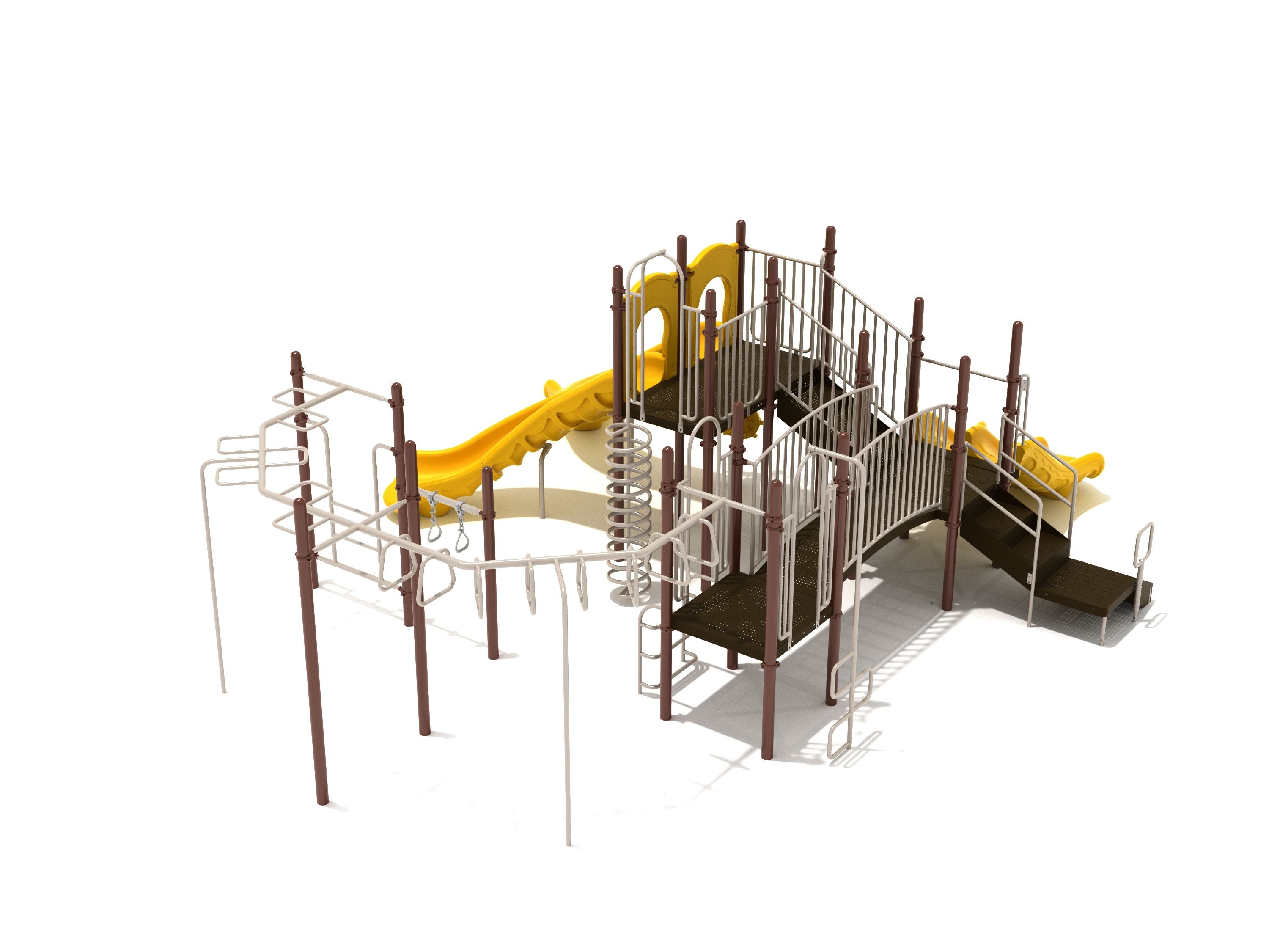 Commercial playground structure with yellow double slide, spiral climber, monkey bars, ramps, and brown support posts