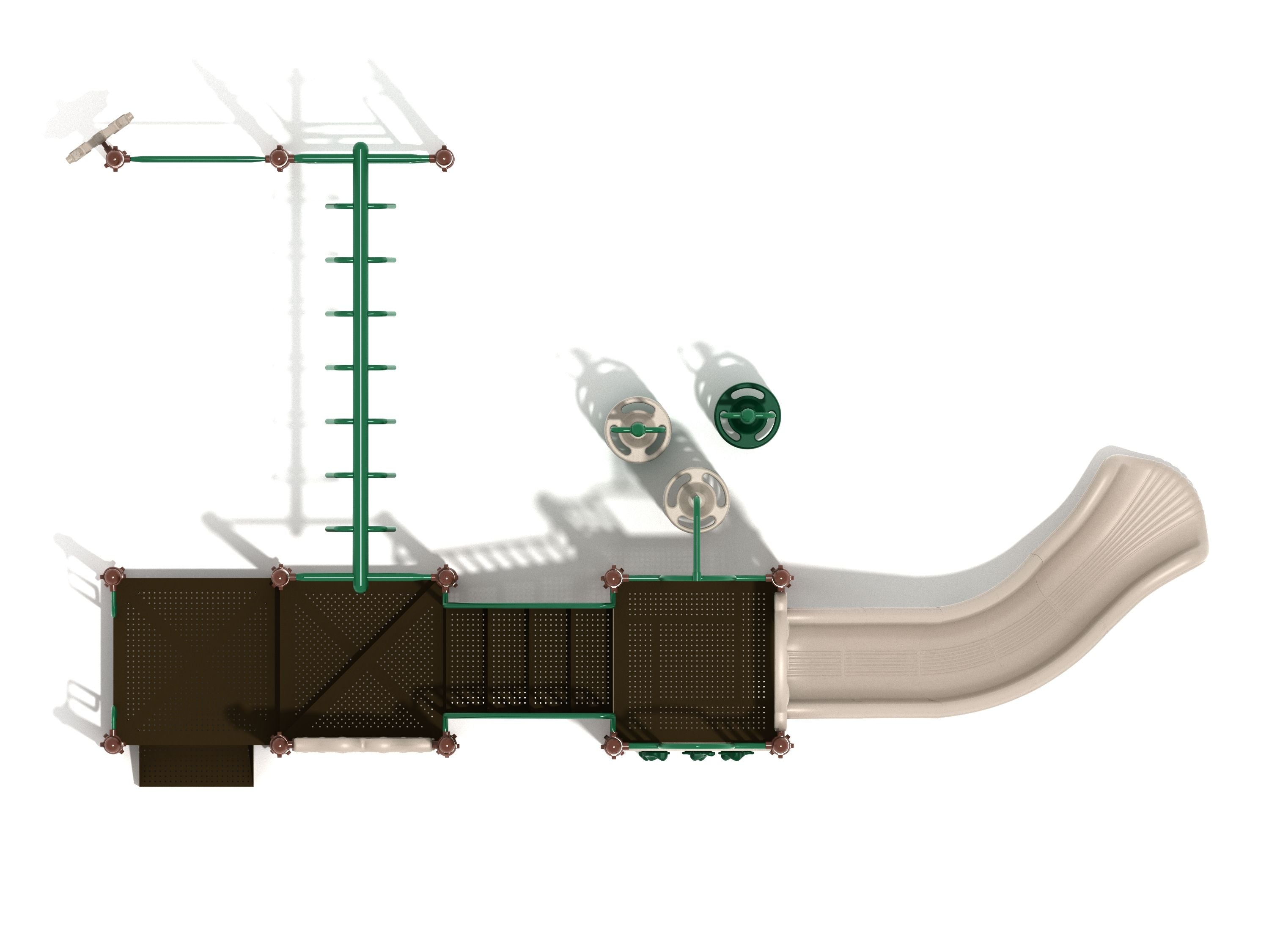 Overhead view of large playground with multiple platforms, curved slide, pod climbers, trapezoid loop ladder, and pull-up bar