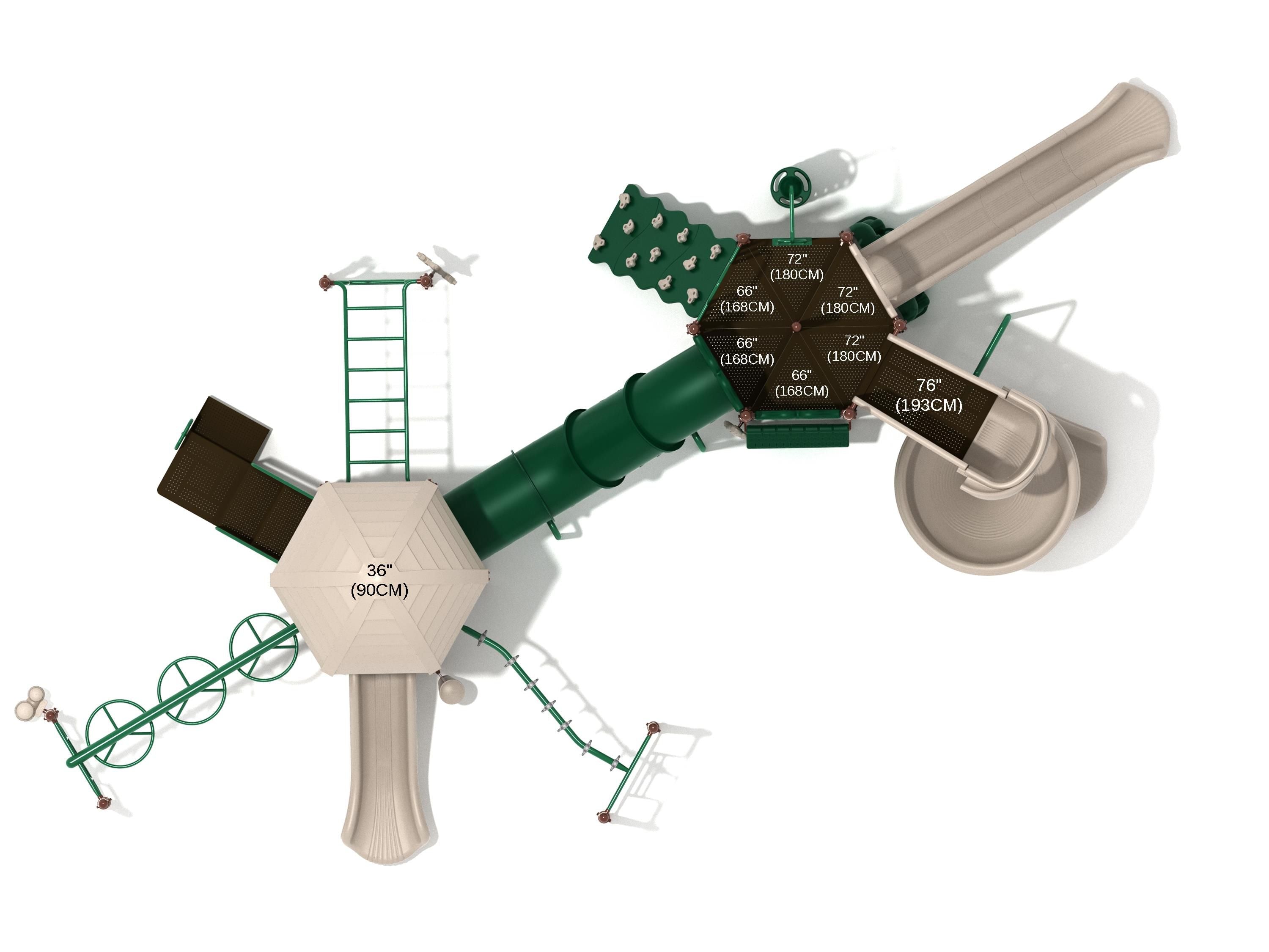 Overhead view of large green and beige playground with slides, climbing walls, tube bridge, ladders, and spinning swing elements