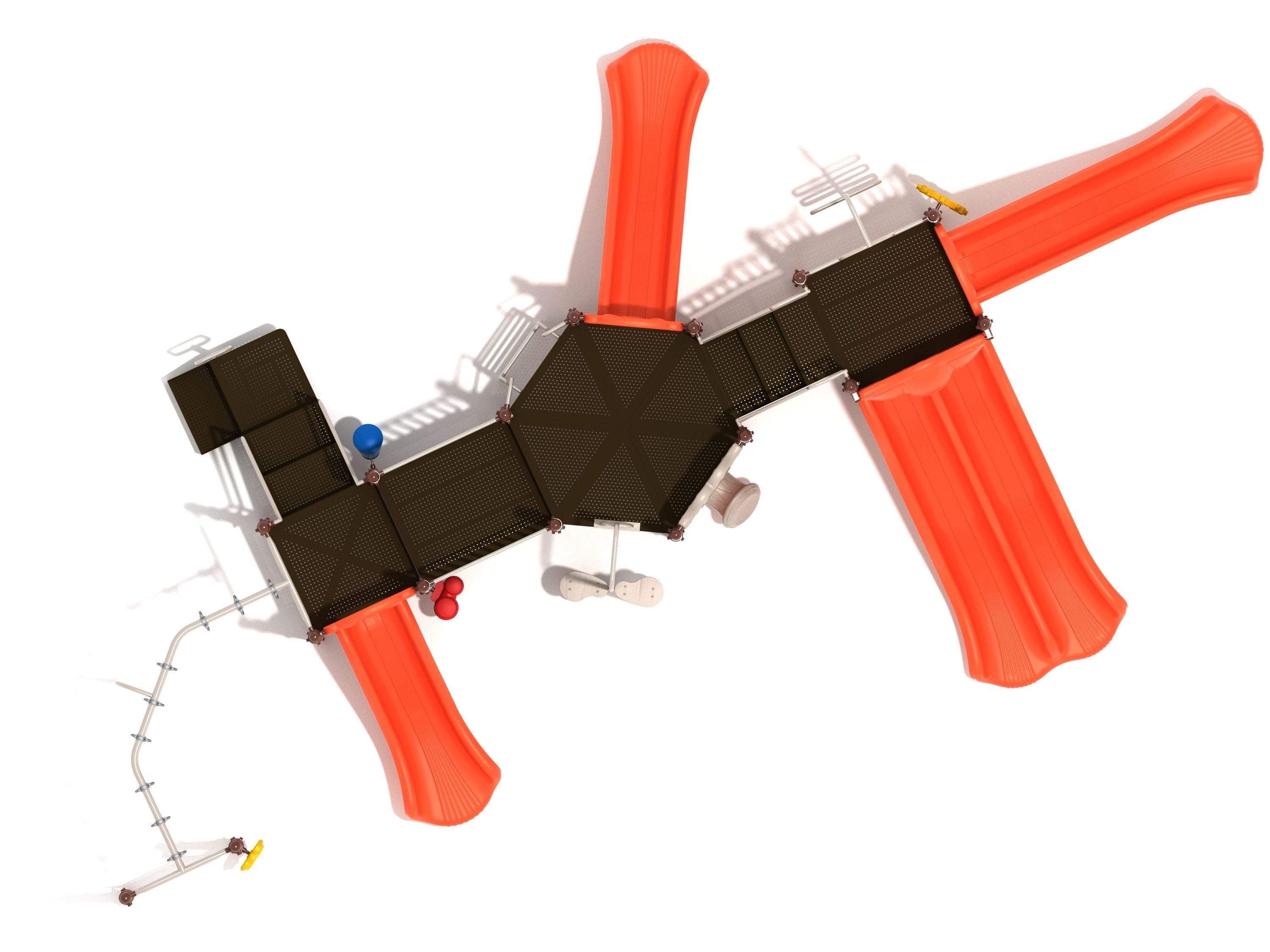 Overhead view of a playground structure with multiple orange slides, climbing elements, and interactive play panels
