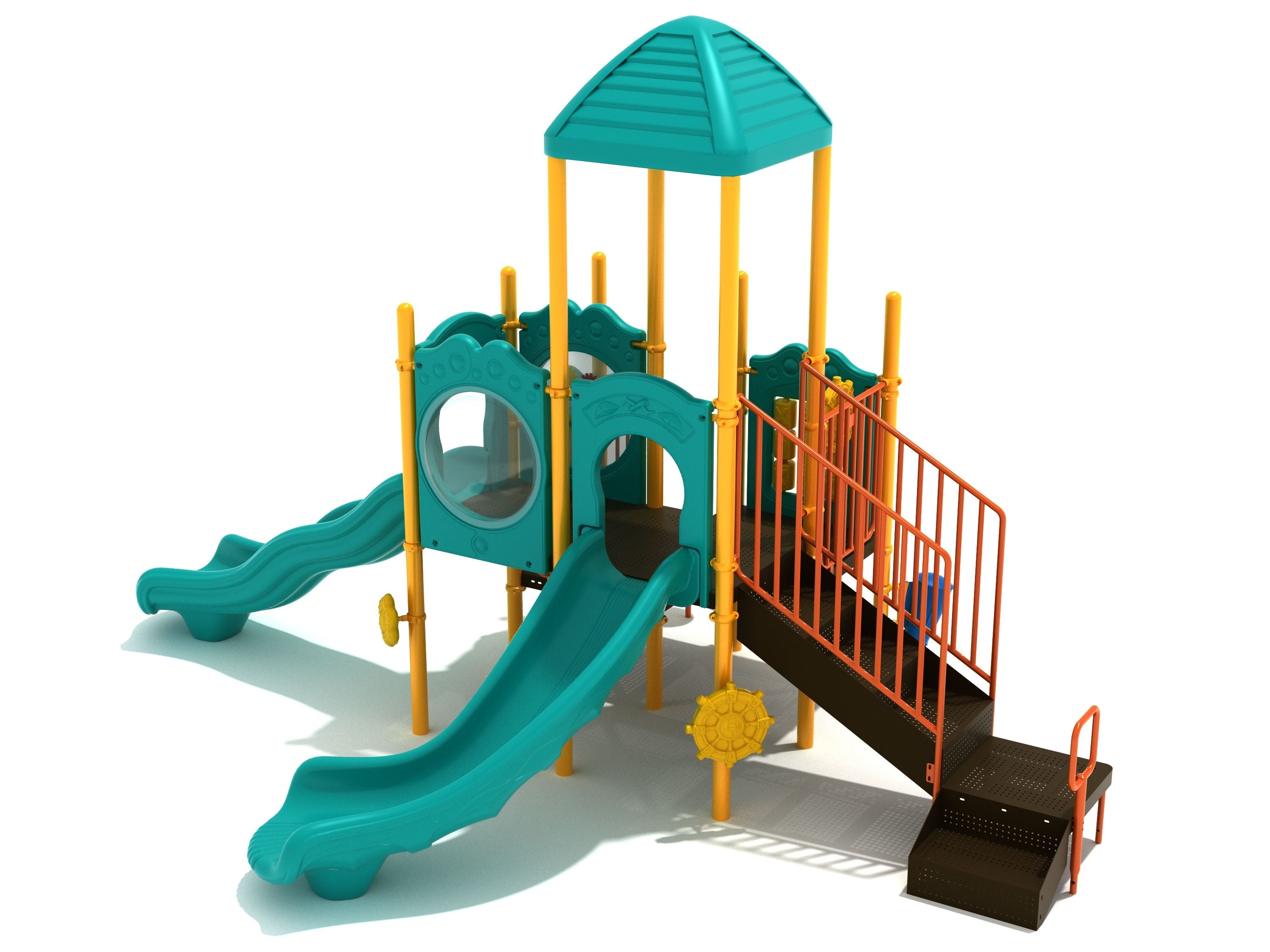 Colorful playground structure with two slides, climbing steps, a roof, and interactive play panels including a yellow ship’s wheel and percussion instruments.