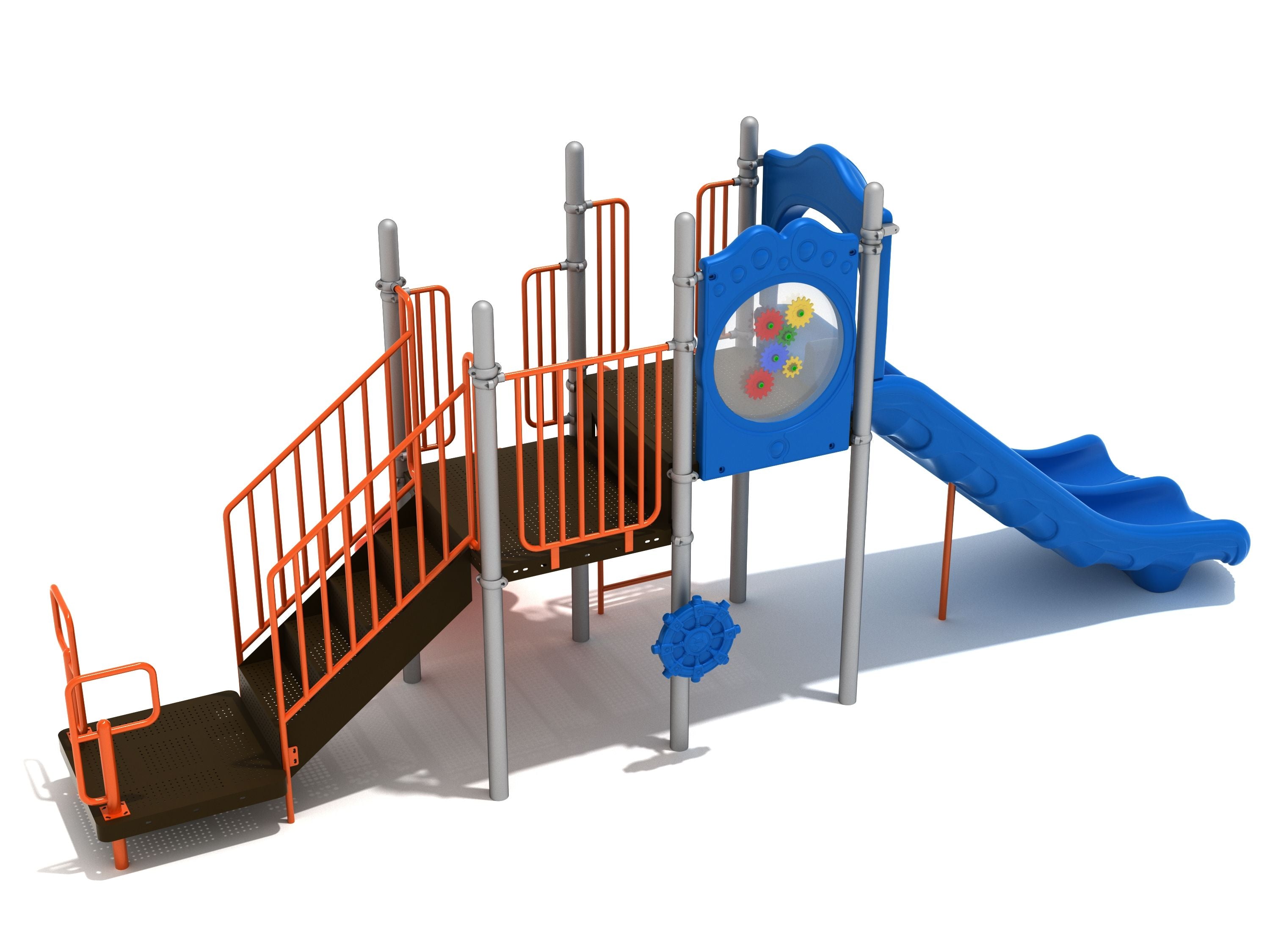 Fullerton Playground large play system with orange railings, blue double wave slide, gear panel, ship’s wheel, and climbing features