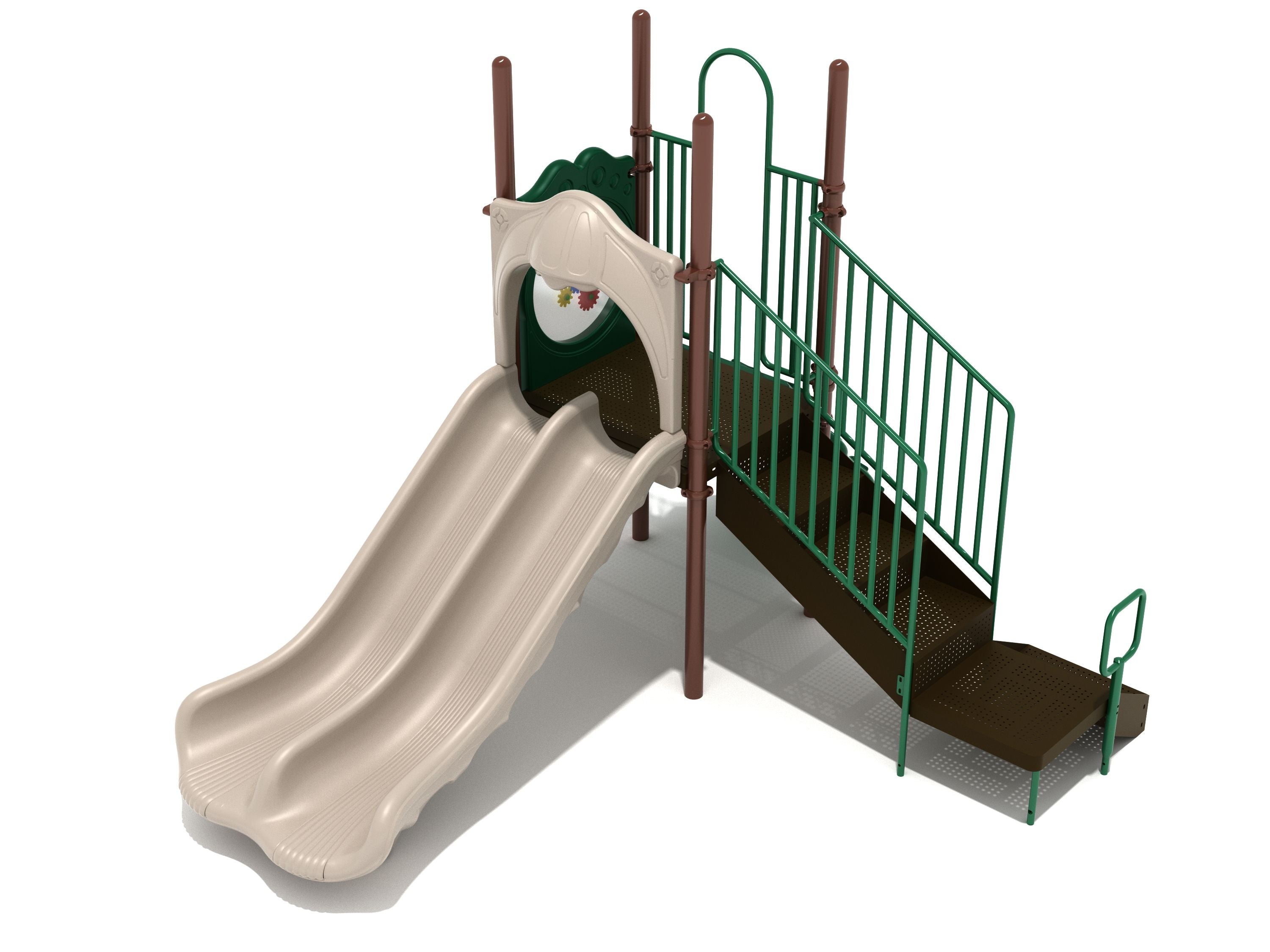 Compact playground structure with double beige slide, green railings, brown platform, interactive gear panel, and single drum.