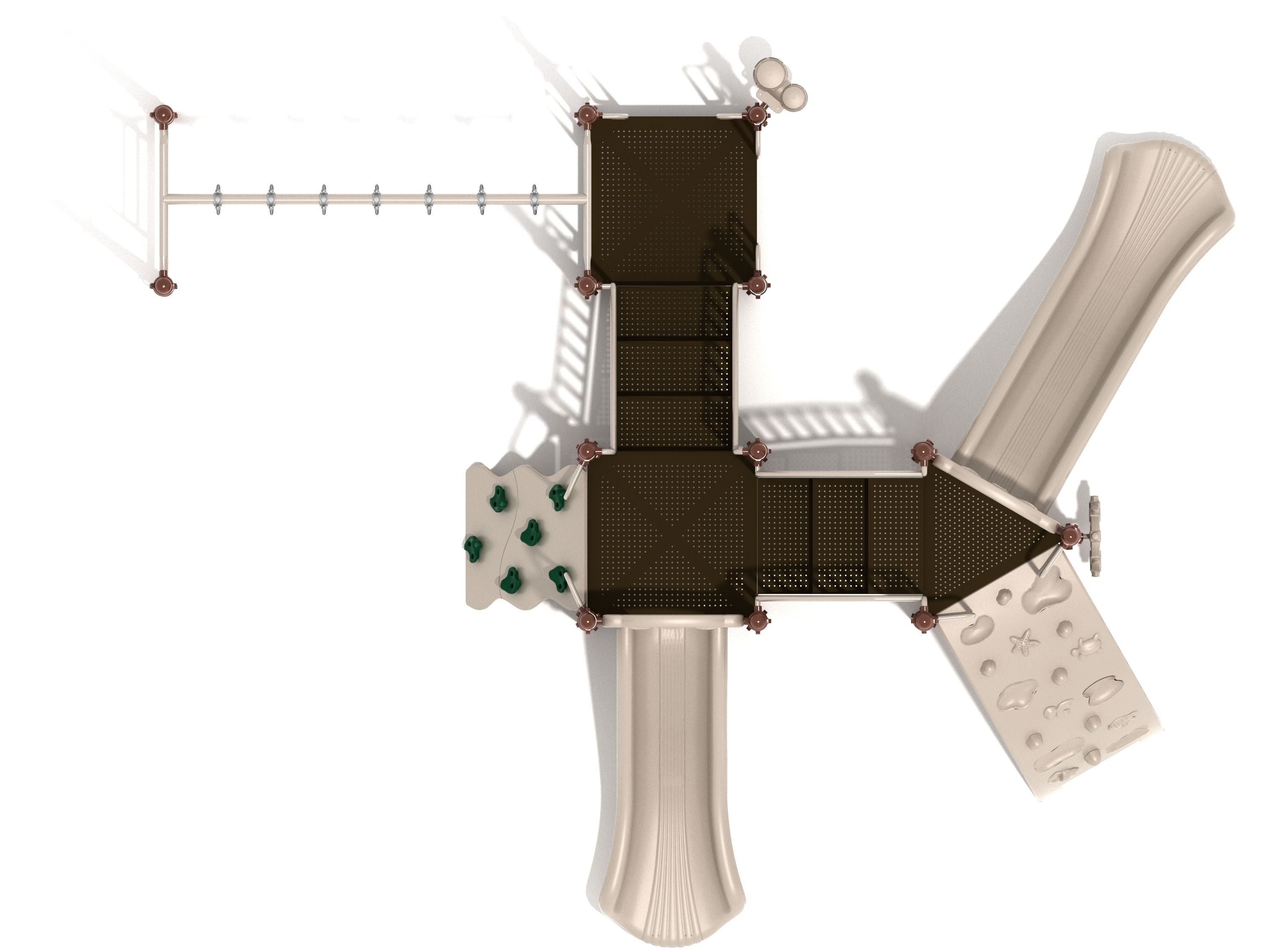 Overhead view of large playground structure with two slides, climbing walls, swinging rung ladder, and musical bongos